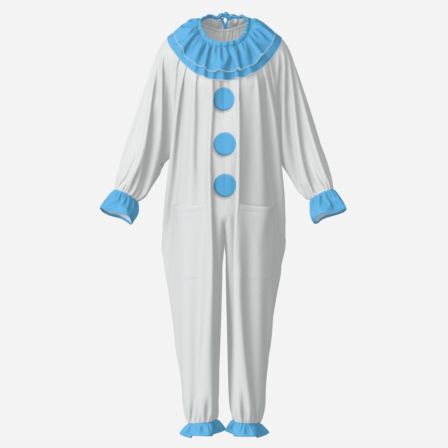 Circus Coveralls White Pierrot Baby Blue clown suit, ghost mannequin front view