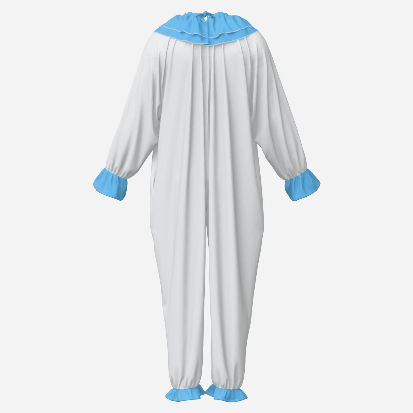 Circus Coveralls White Pierrot Baby Blue clown suit, ghost mannequin back view