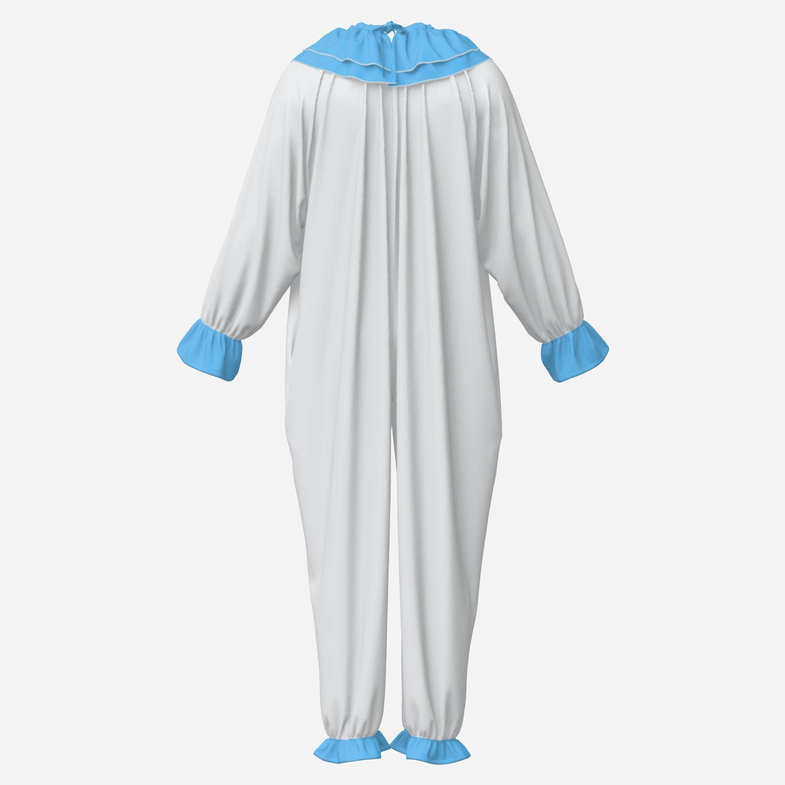 Circus Coveralls White Pierrot Baby Blue clown suit, ghost mannequin back view