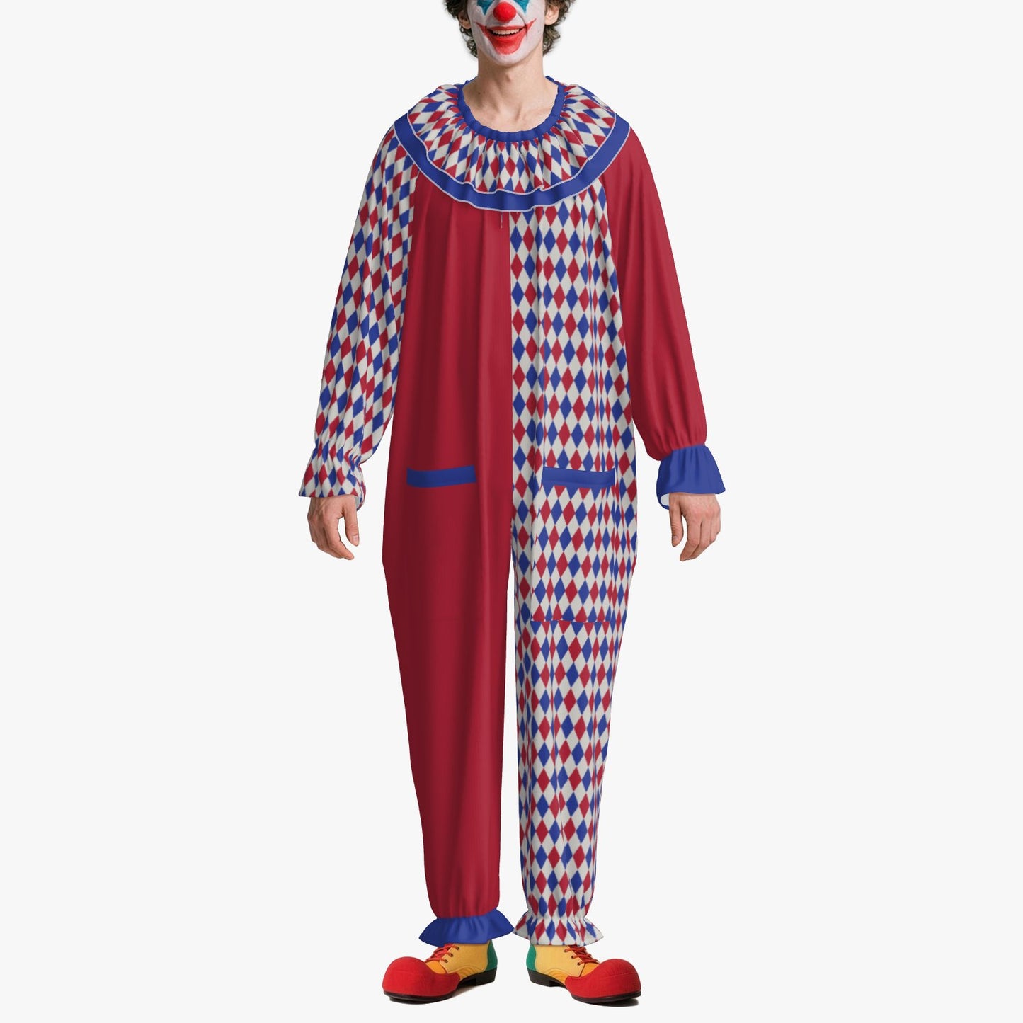 Circus Coveralls Harlequin Heraldic Red Blue clown suit, on-model view