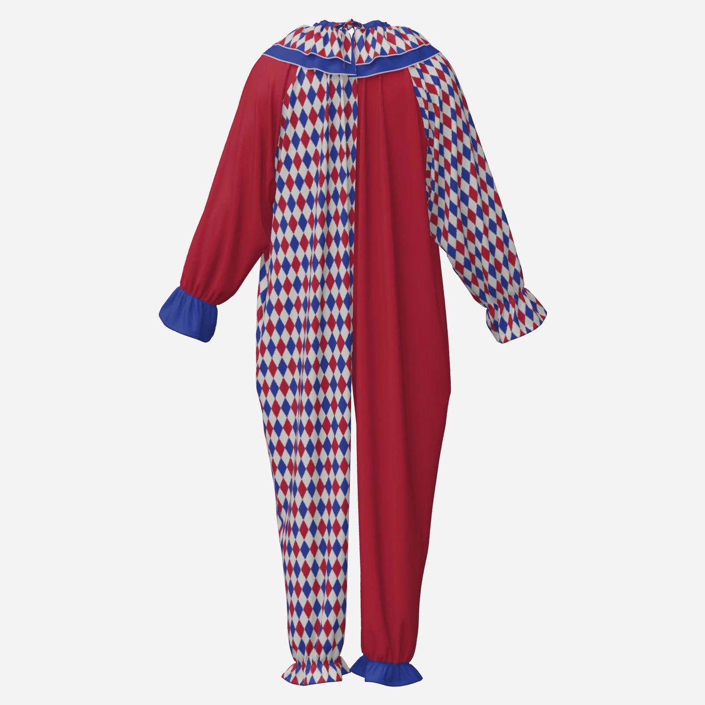 Circus Coveralls Harlequin Heraldic Red Blue clown suit, ghost mannequin back view