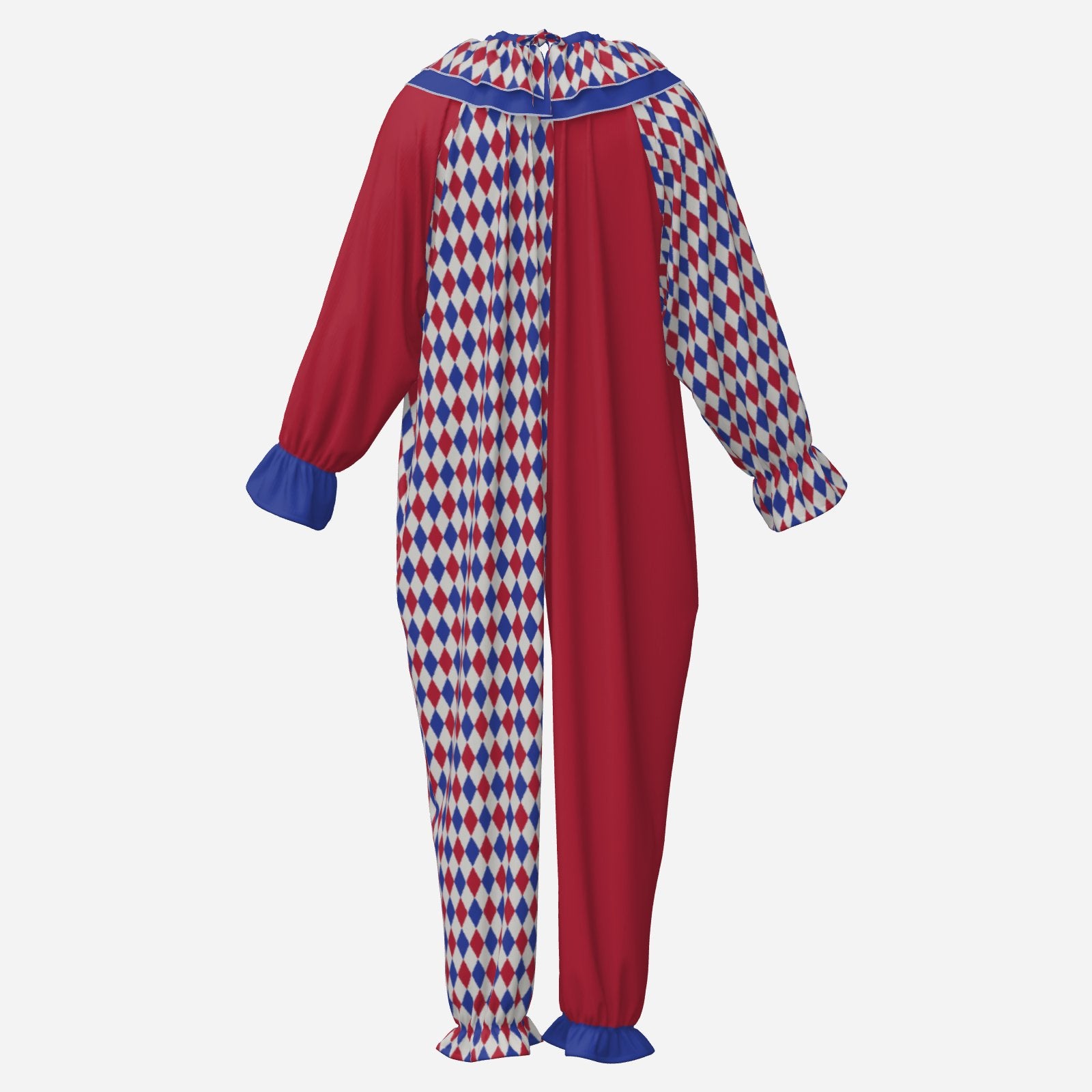 Circus Coveralls Harlequin Heraldic Red Blue clown suit, ghost mannequin back view