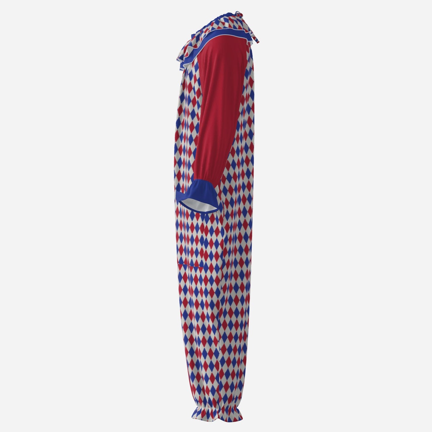 Circus Coveralls Harlequin Heraldic Red Blue clown suit, side view