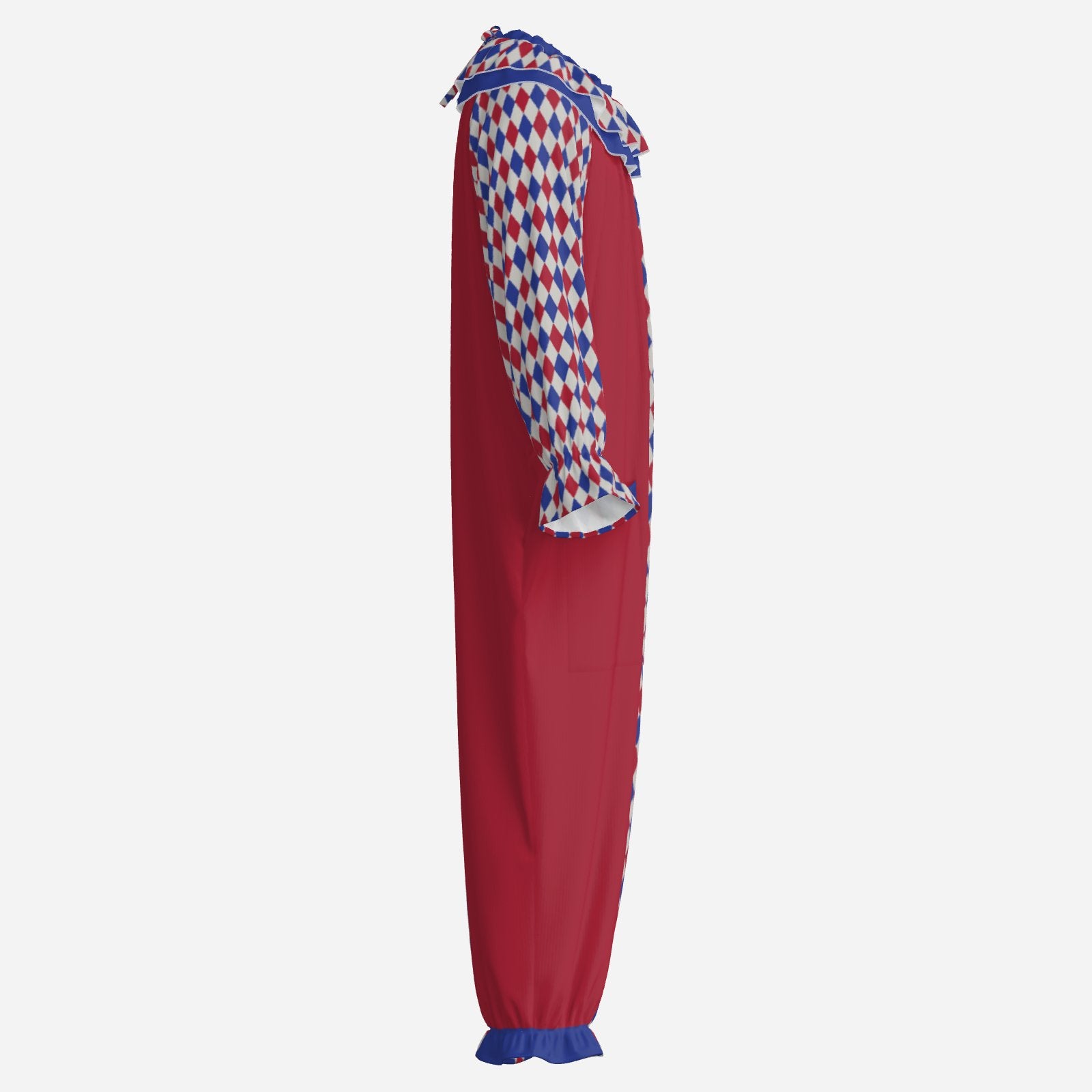 Circus Coveralls Harlequin Heraldic Red Blue clown suit, side view