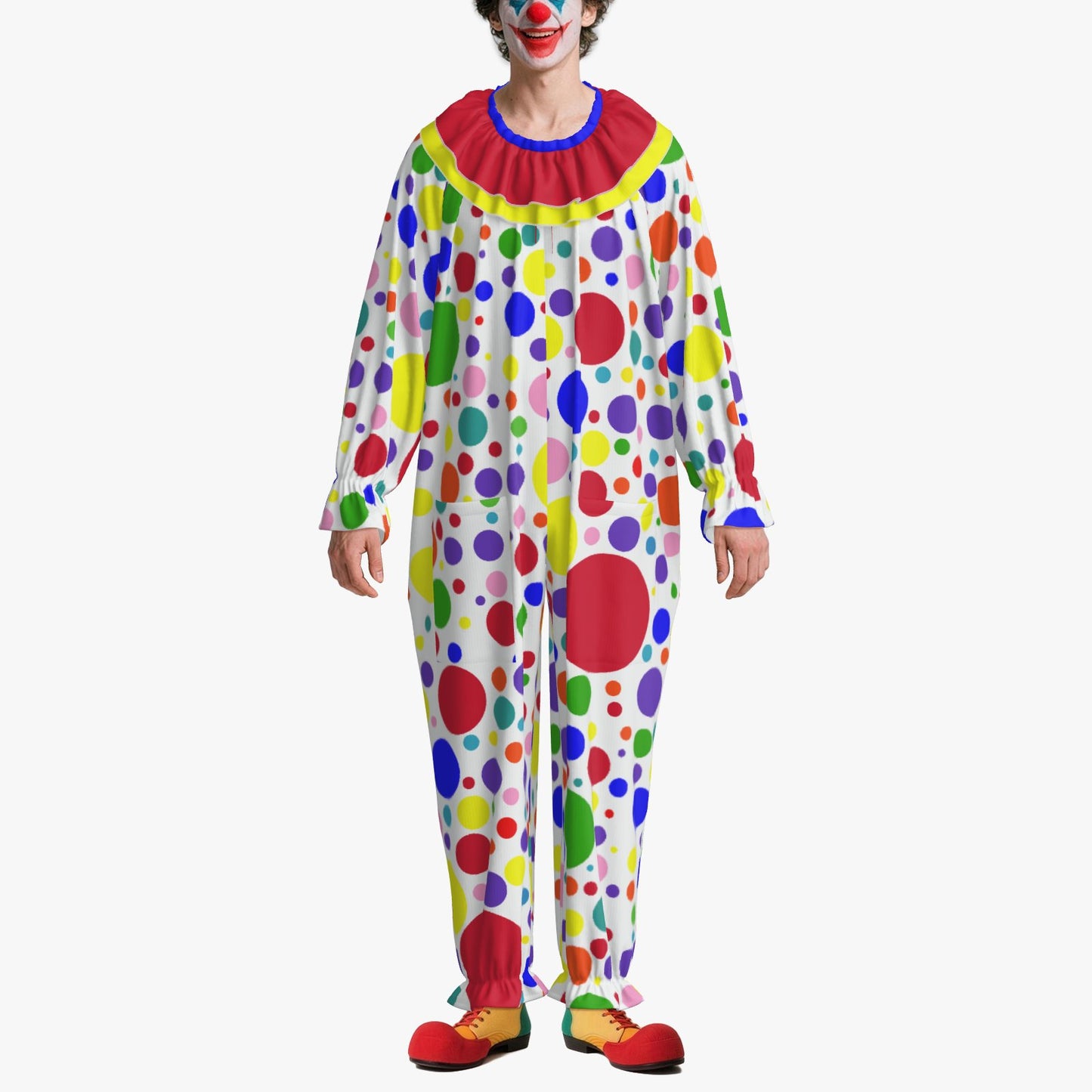 Circus Coveralls Rainbow Spots Polka Dot clown suit, on-model view