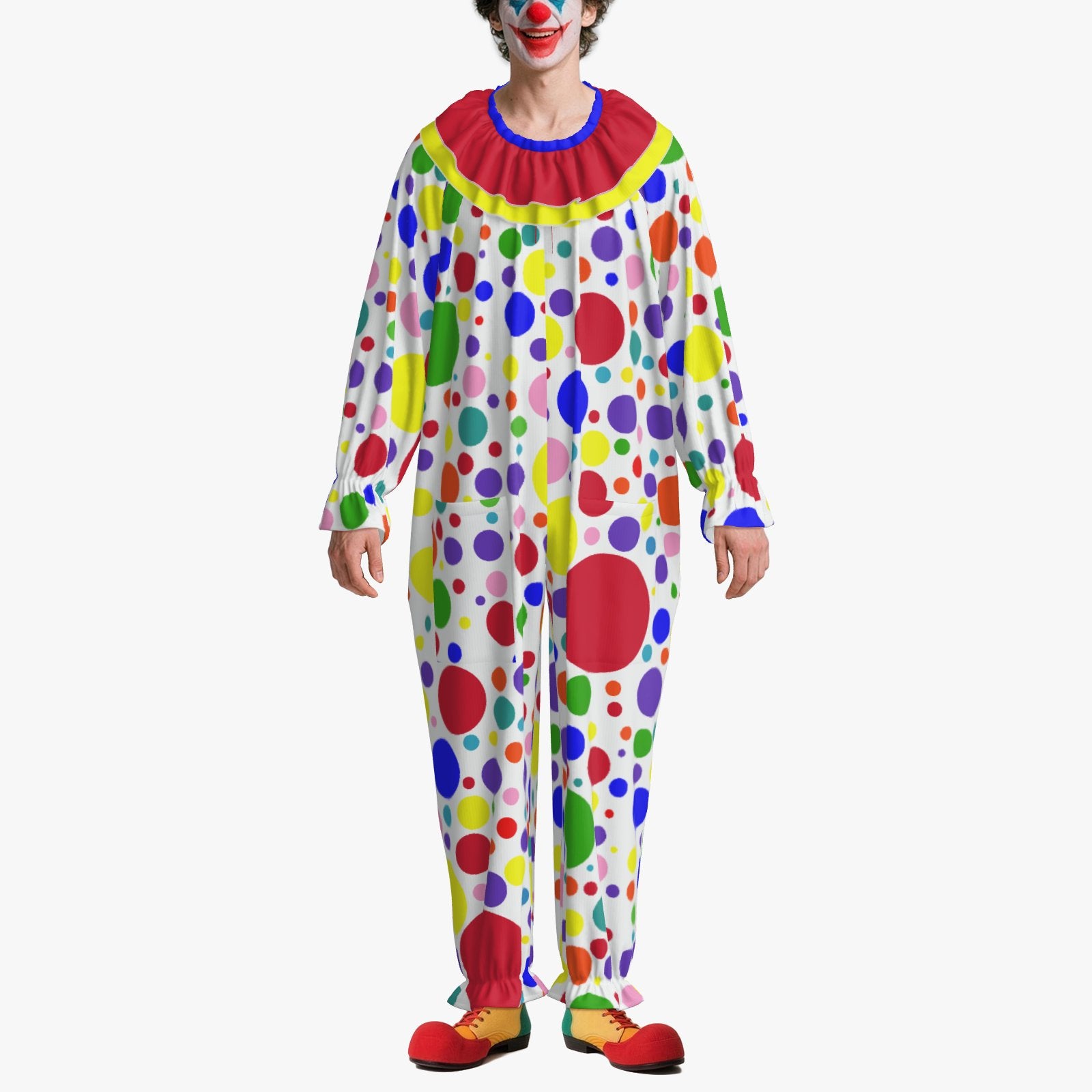 Circus Coveralls Rainbow Spots Polka Dot clown suit, on-model view