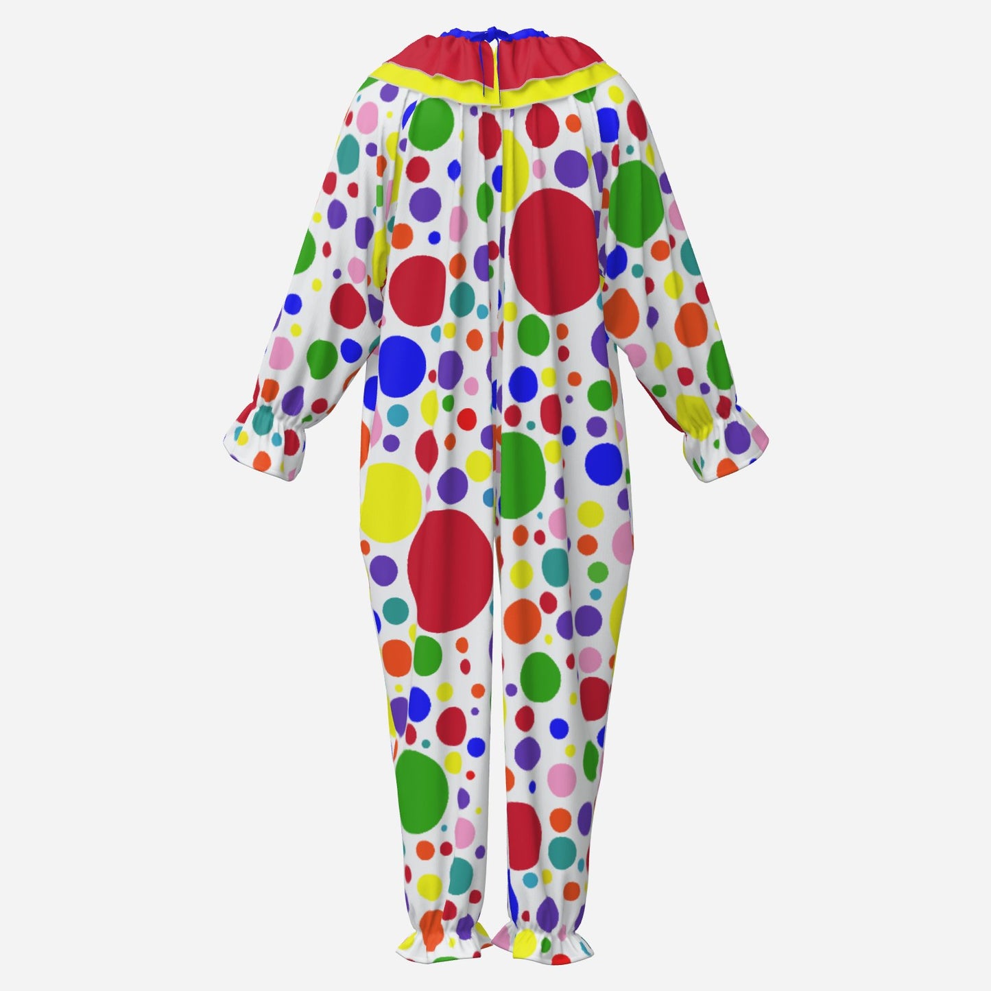 Circus Coveralls Rainbow Spots Polka Dot clown suit, ghost mannequin back view