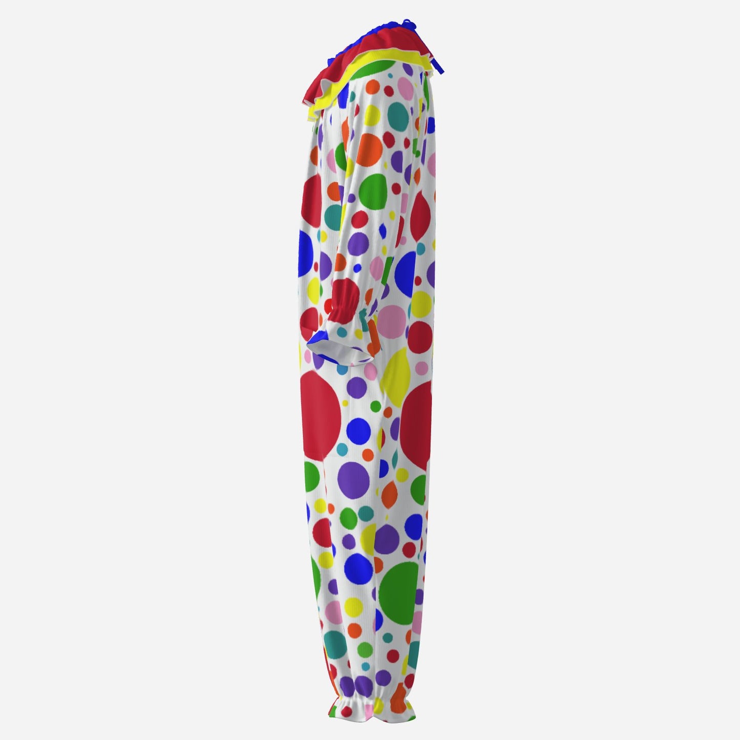 Circus Coveralls Rainbow Spots Polka Dot clown suit, side view