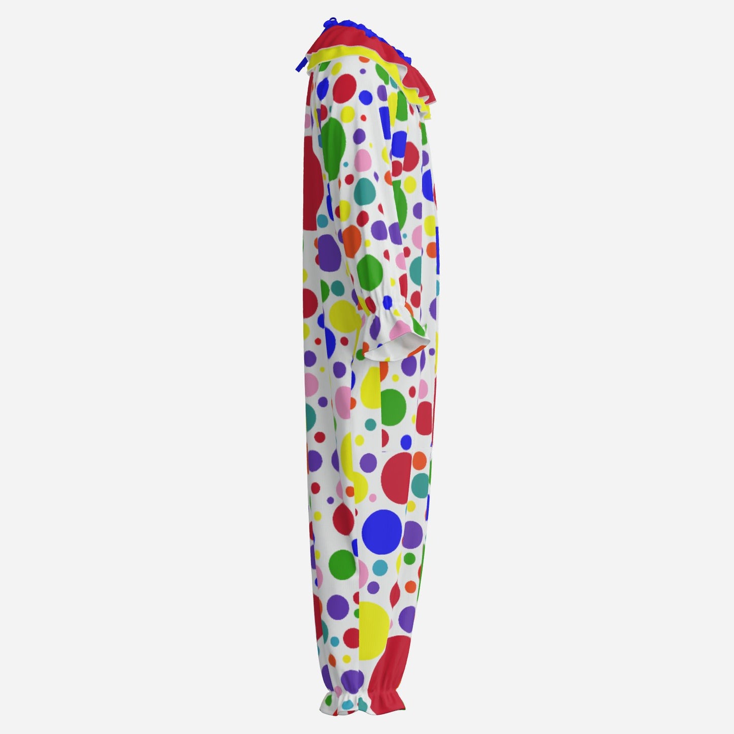 Circus Coveralls Rainbow Spots Polka Dot clown suit, side view