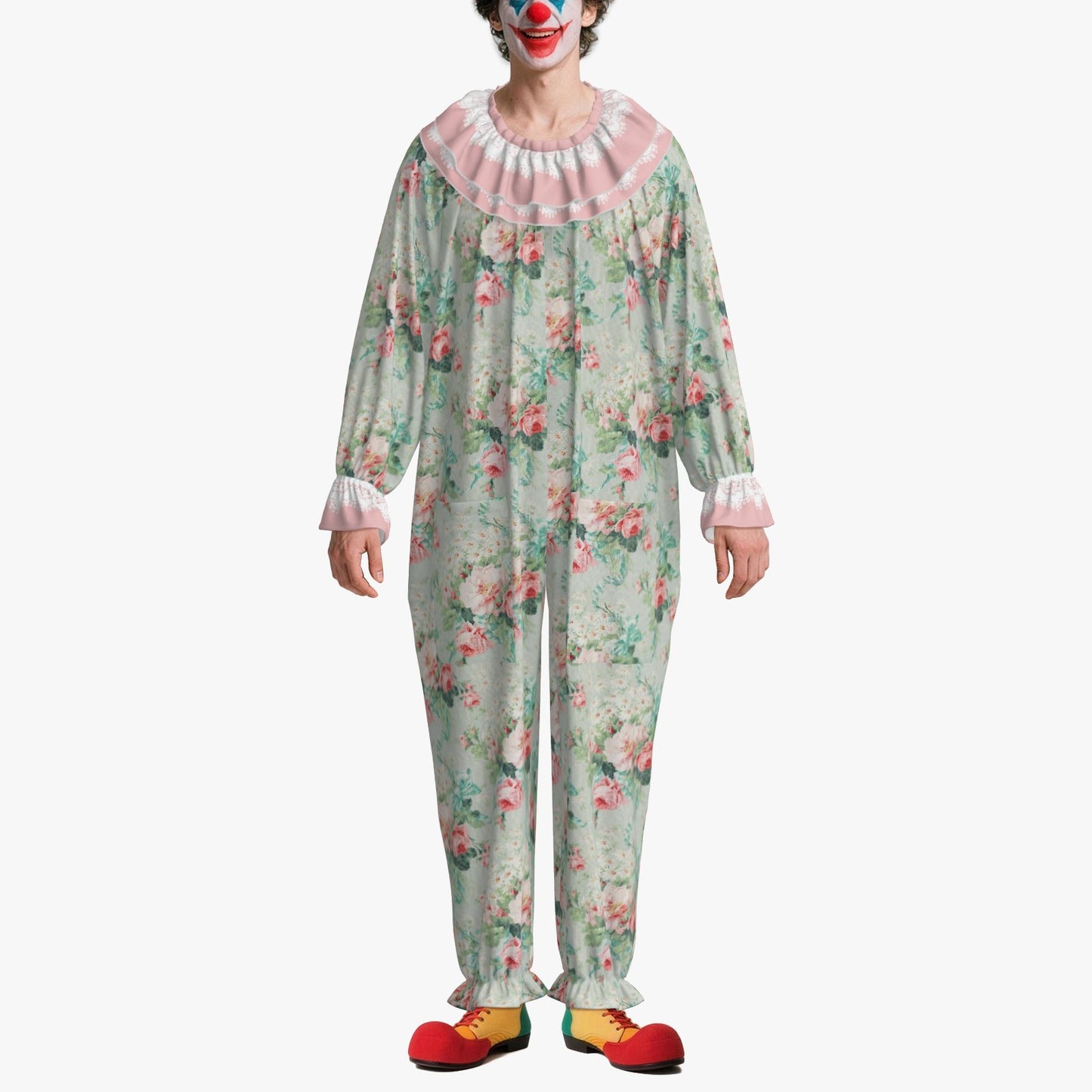 Circus Coveralls Soft Teal Tea Rose clown suit, on-model view