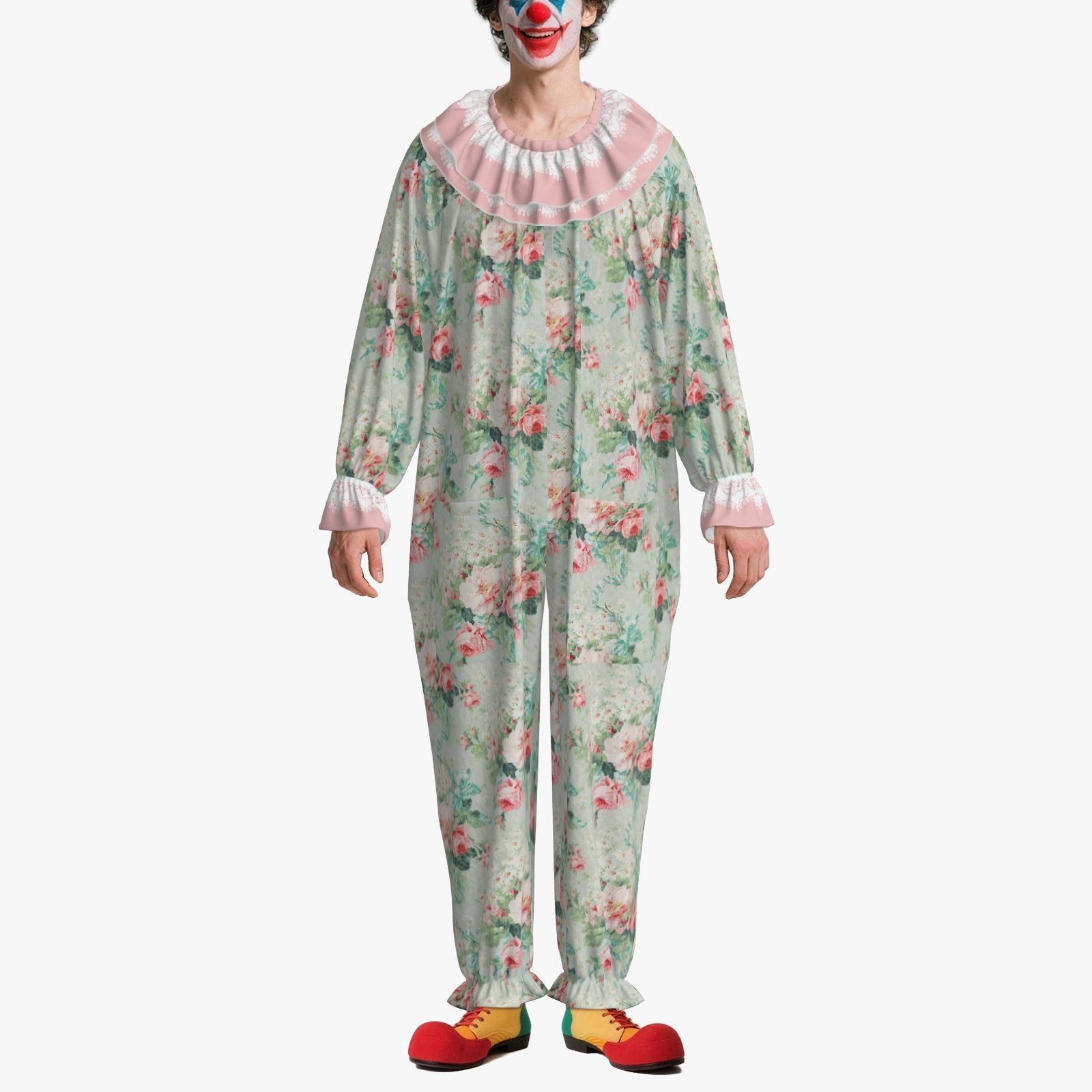 Circus Coveralls Soft Teal Tea Rose clown suit, on-model view