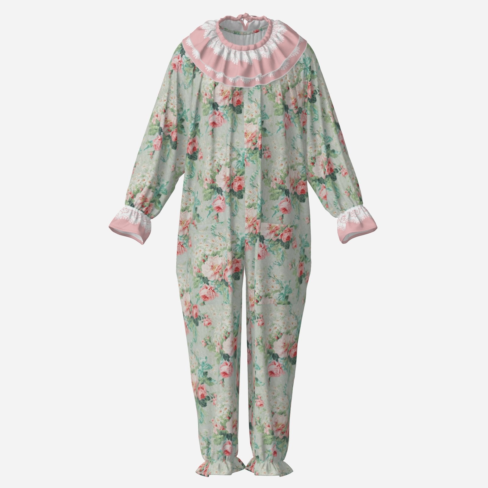 Circus Coveralls Soft Teal Tea Rose clown suit, ghost mannequin front view