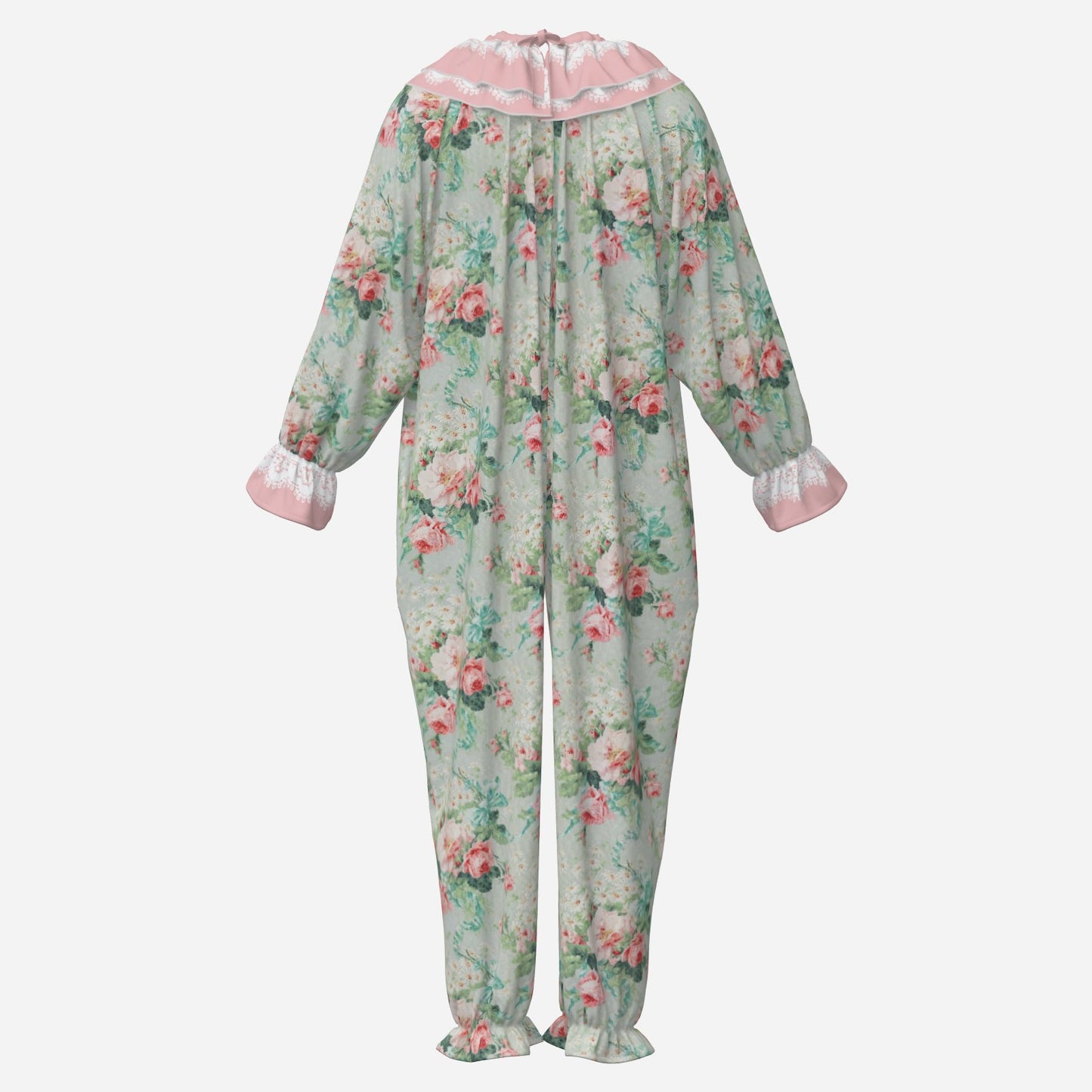 Circus Coveralls Soft Teal Tea Rose clown suit, ghost mannequin back view