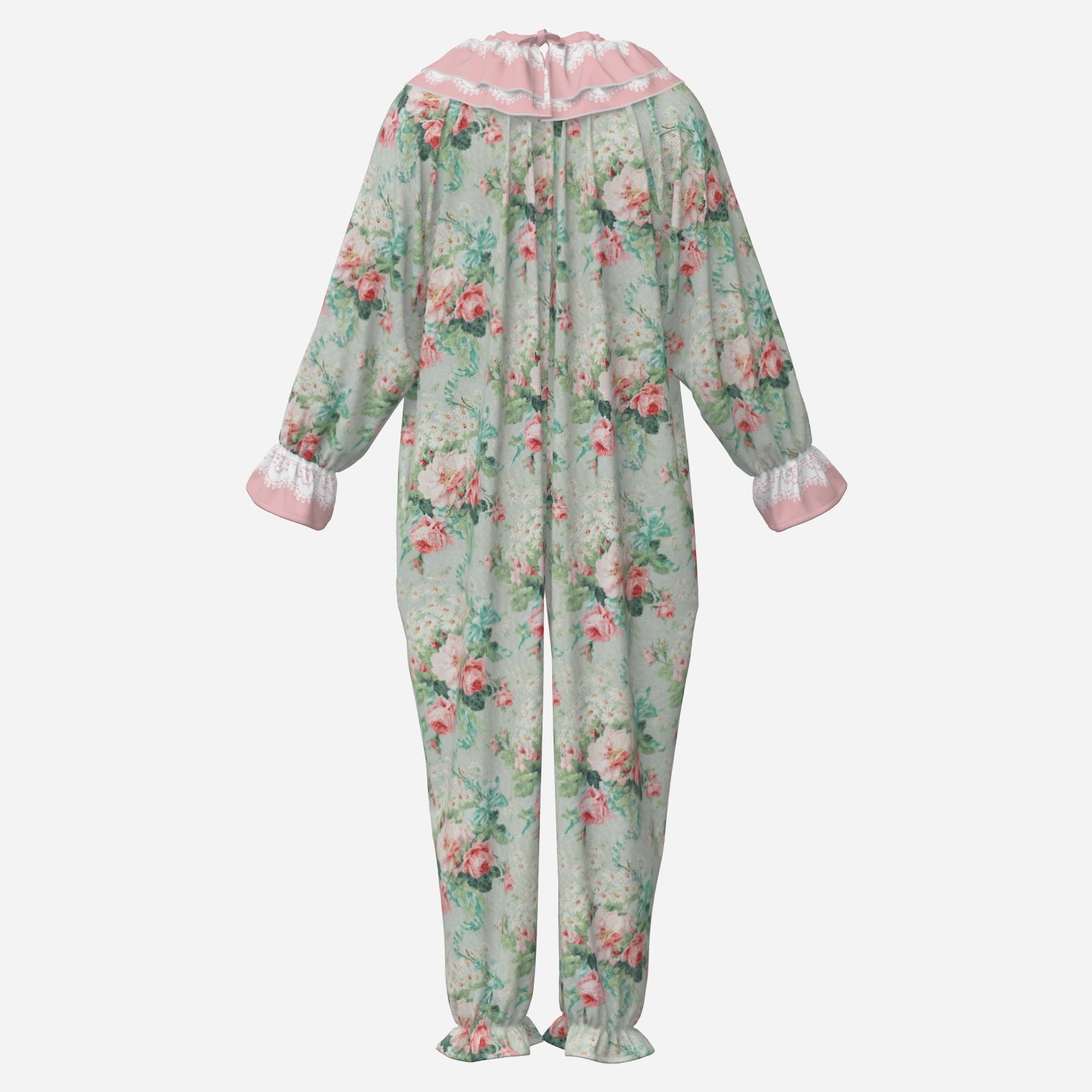 Circus Coveralls Soft Teal Tea Rose clown suit, ghost mannequin back view