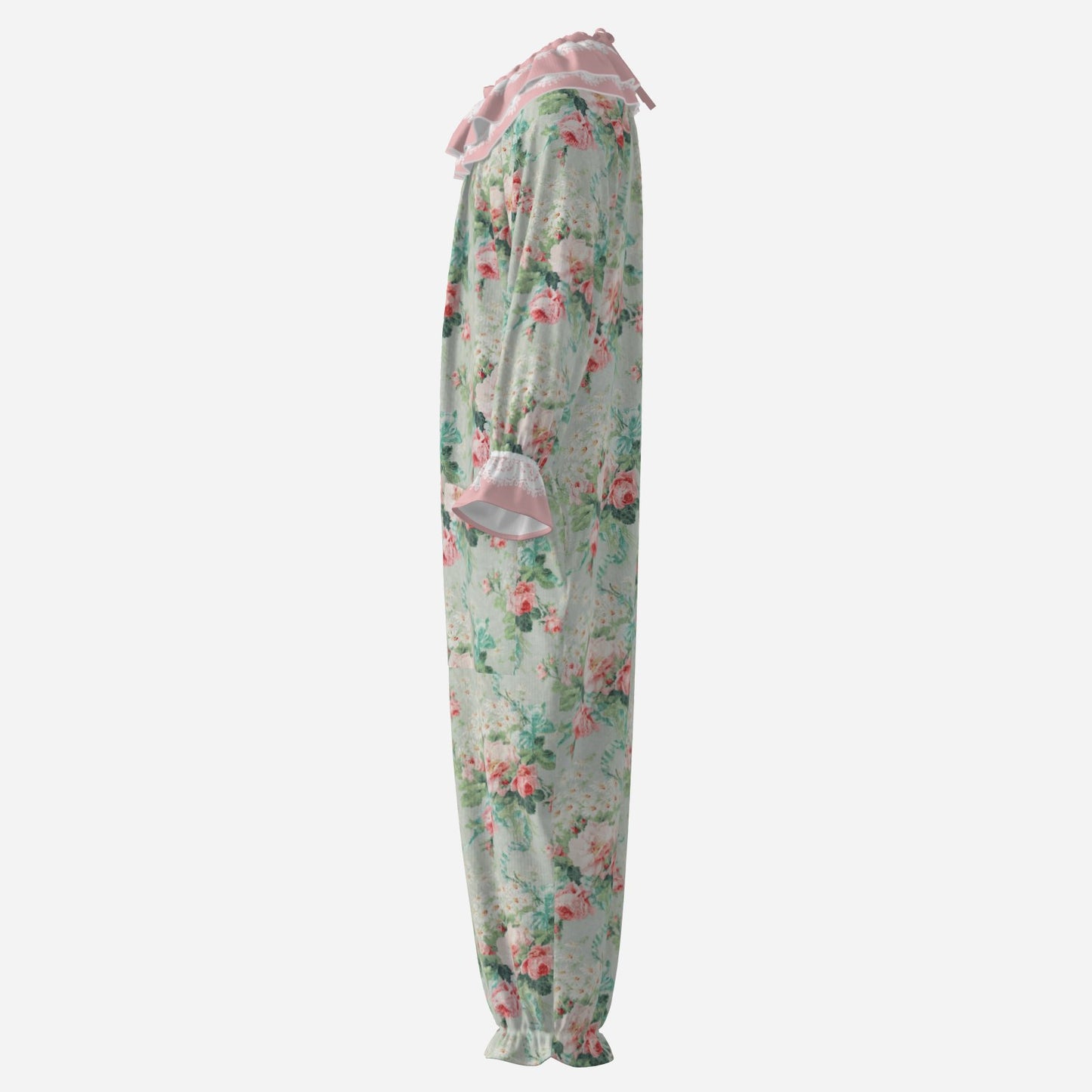 Circus Coveralls Soft Teal Tea Rose clown suit, side view