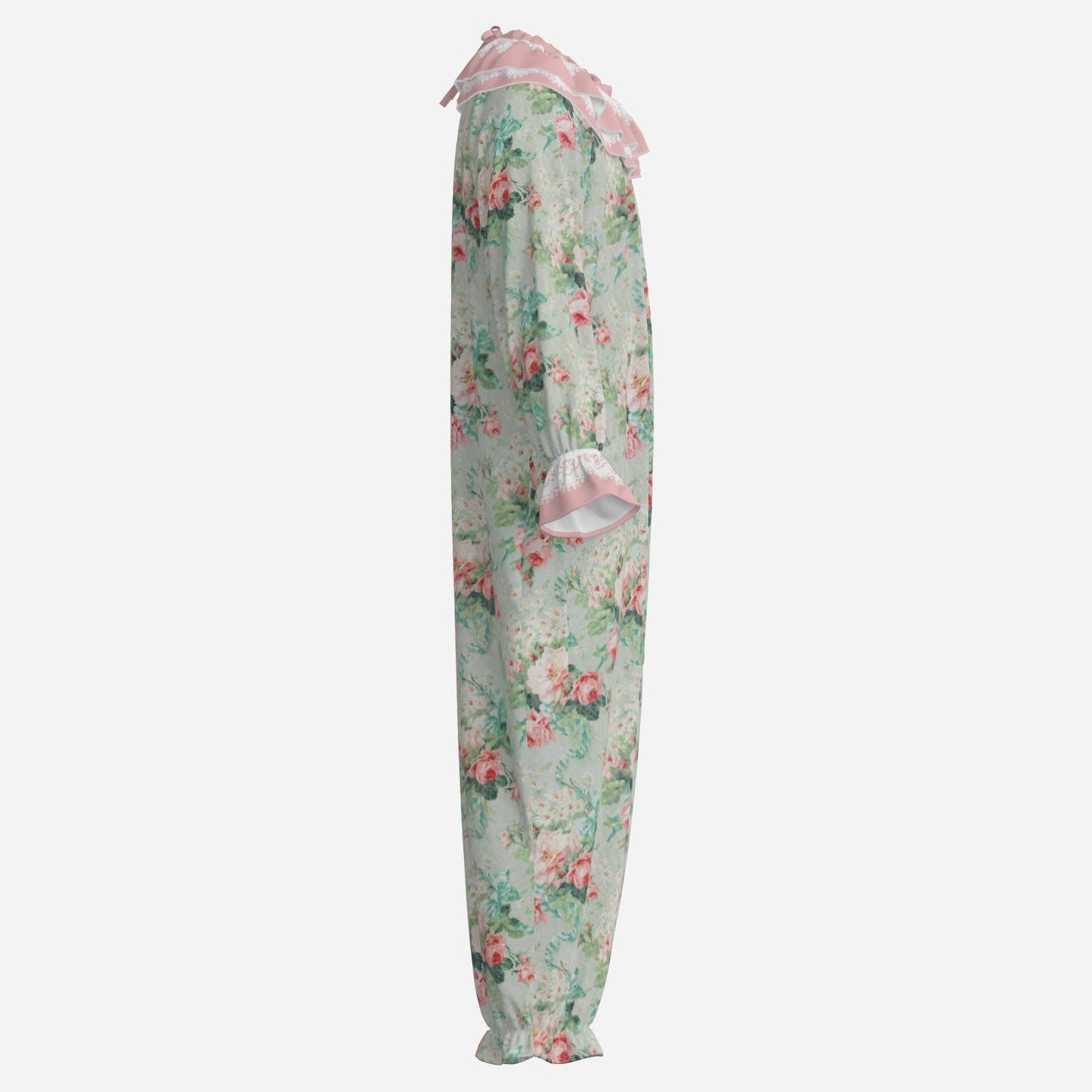 Circus Coveralls Soft Teal Tea Rose clown suit, side view