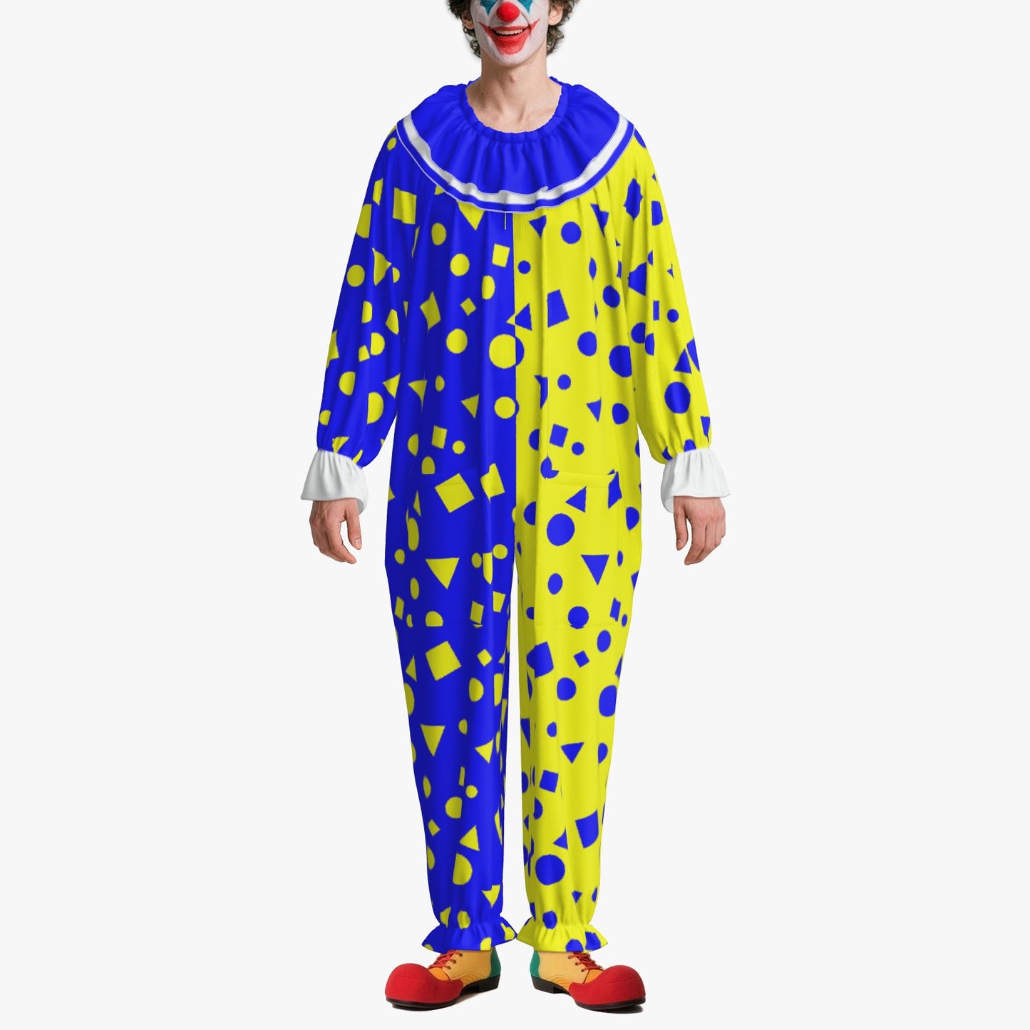 Circus Coveralls Joyblocks Blue Yellow Shapes clown suit, on-model view