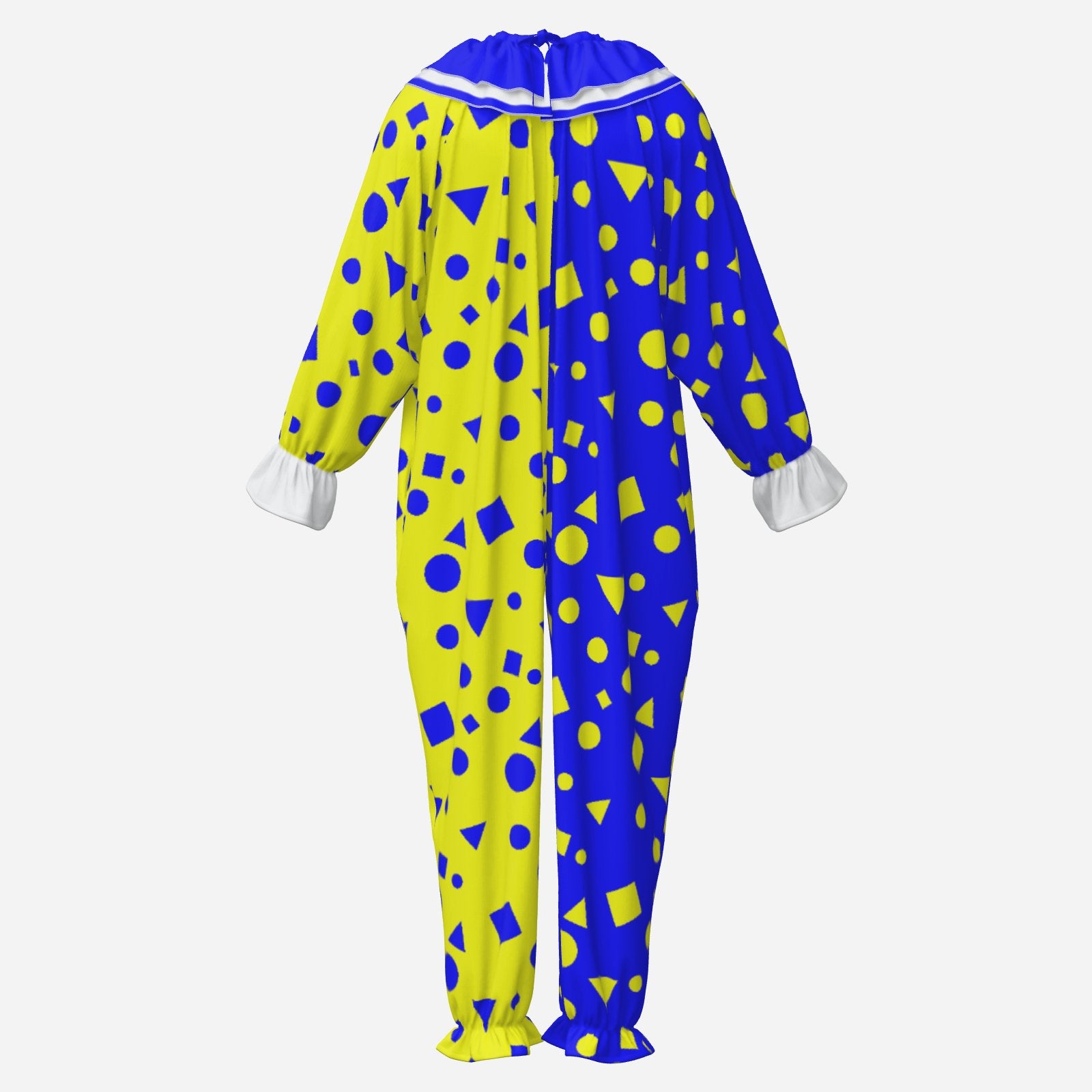 Circus Coveralls Joyblocks Blue Yellow Shapes clown suit, ghost mannequin back view