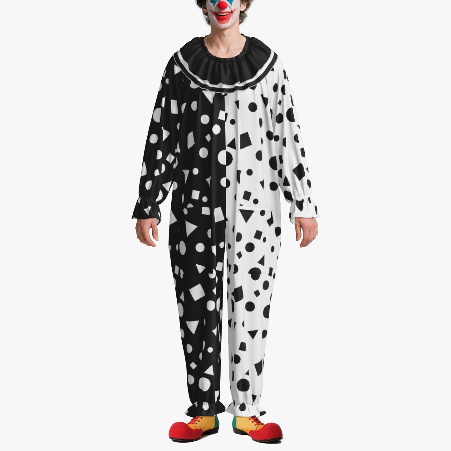 Circus Coveralls Joyblocks Black White Shapes clown suit, on-model view