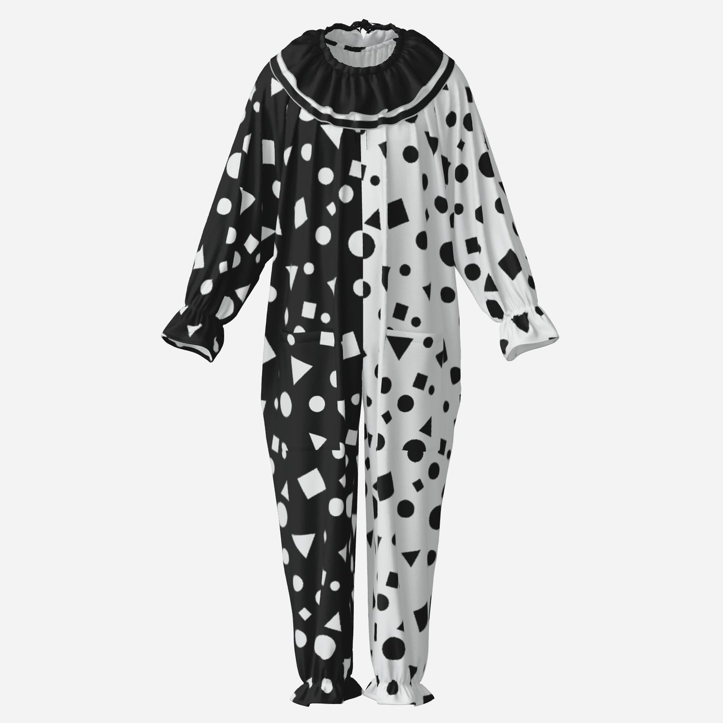 Circus Coveralls Joyblocks Black White Shapes clown suit, ghost mannequin front view