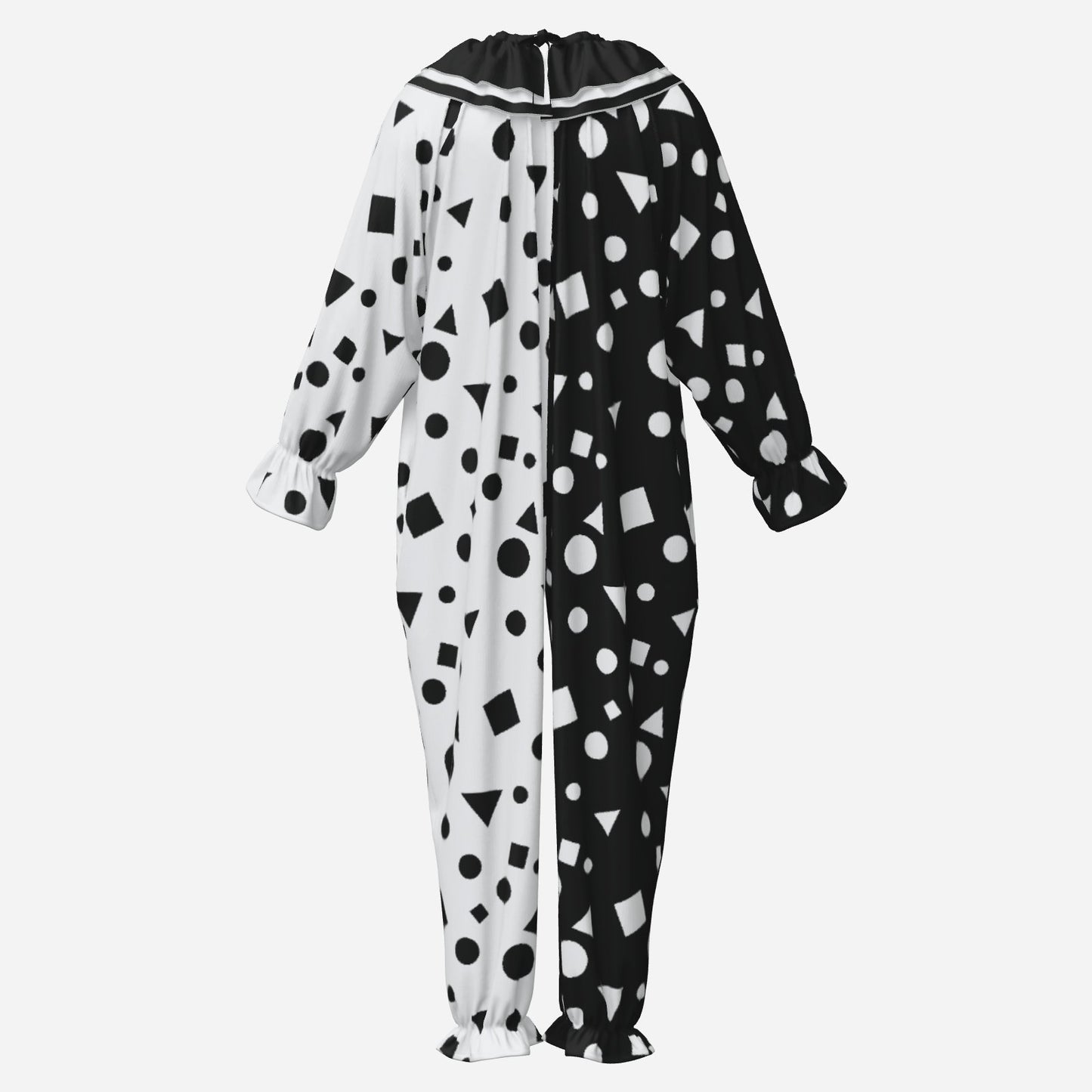 Circus Coveralls Joyblocks Black White Shapes clown suit, ghost mannequin back view