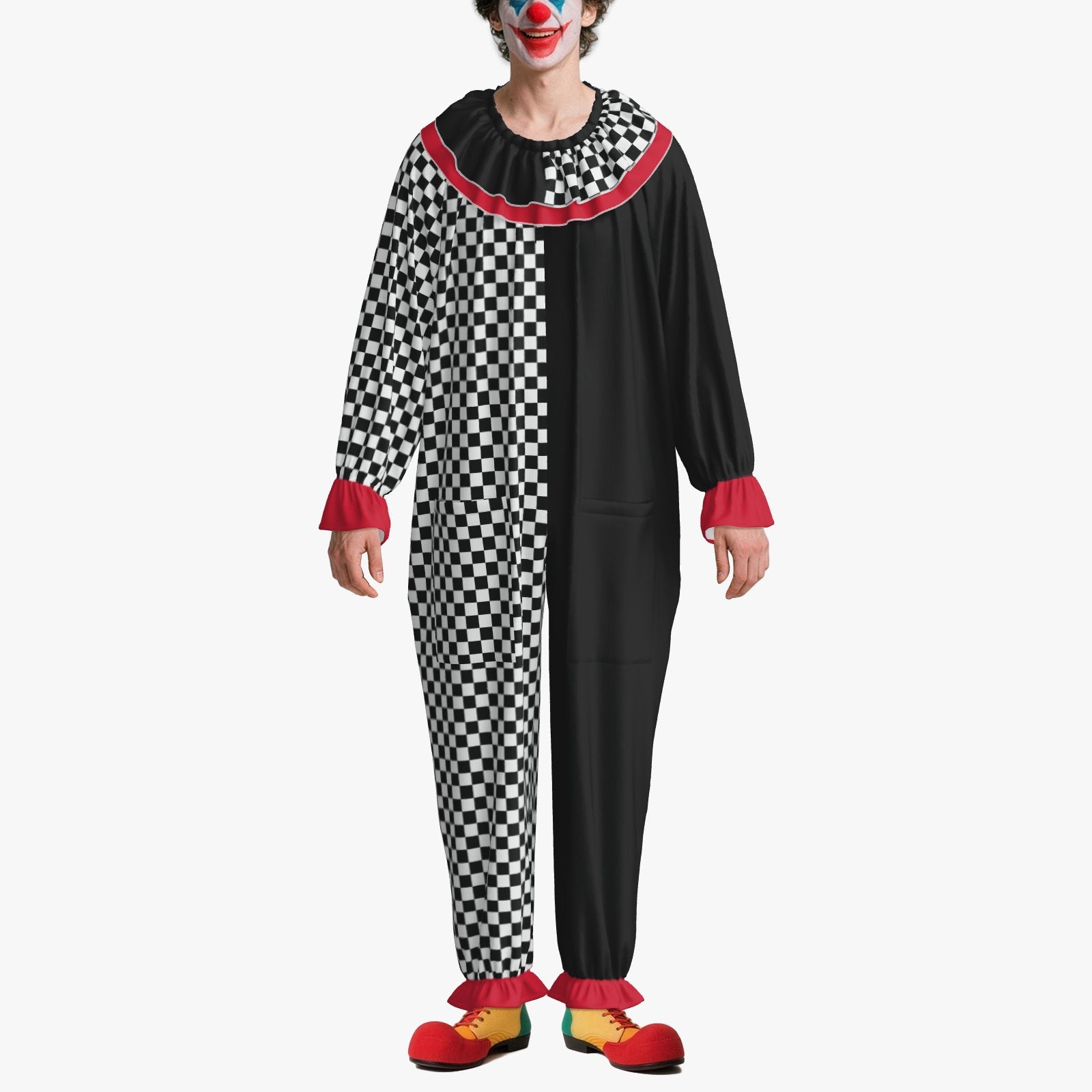 Circus Coveralls Checker Jester Bright Red Cuffs clown suit, on-model front view
