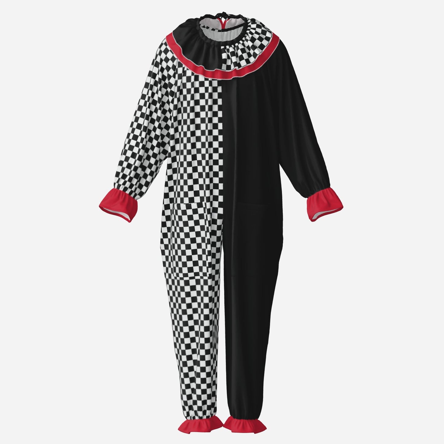 Circus Coveralls Checker Jester Bright Red Cuffs clown suit, ghost mannequin front view