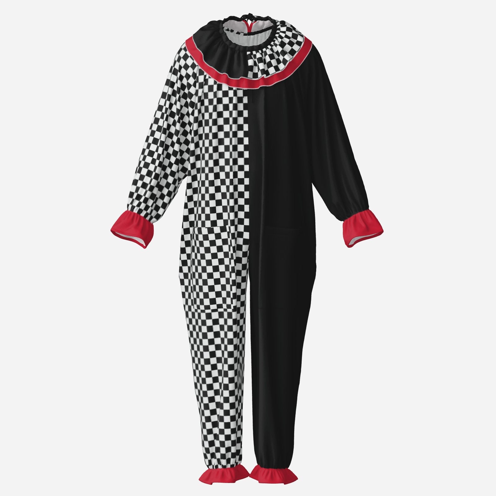 Circus Coveralls Checker Jester Bright Red Cuffs clown suit, ghost mannequin front view