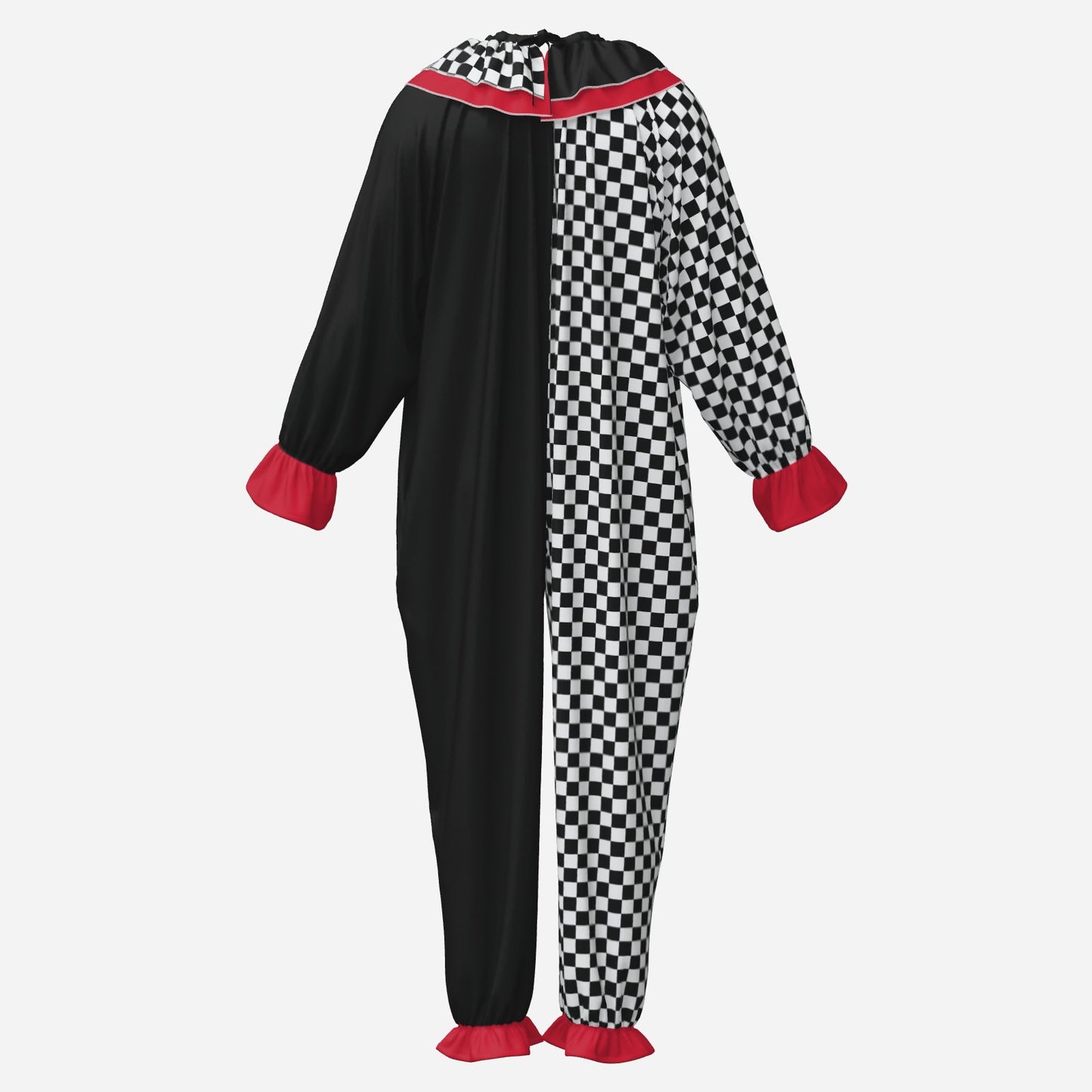 Circus Coveralls Checker Jester Bright Red Cuffs clown suit, ghost mannequin back view