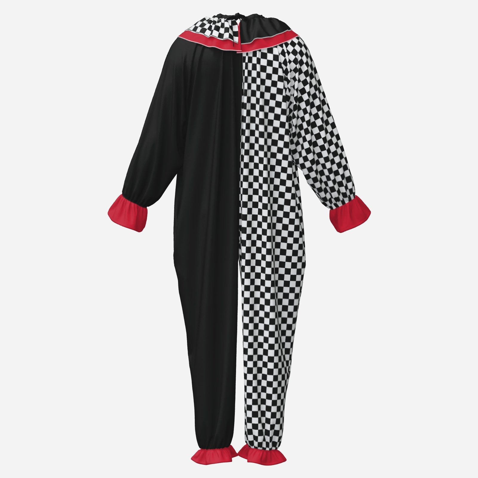 Circus Coveralls Checker Jester Bright Red Cuffs clown suit, ghost mannequin back view