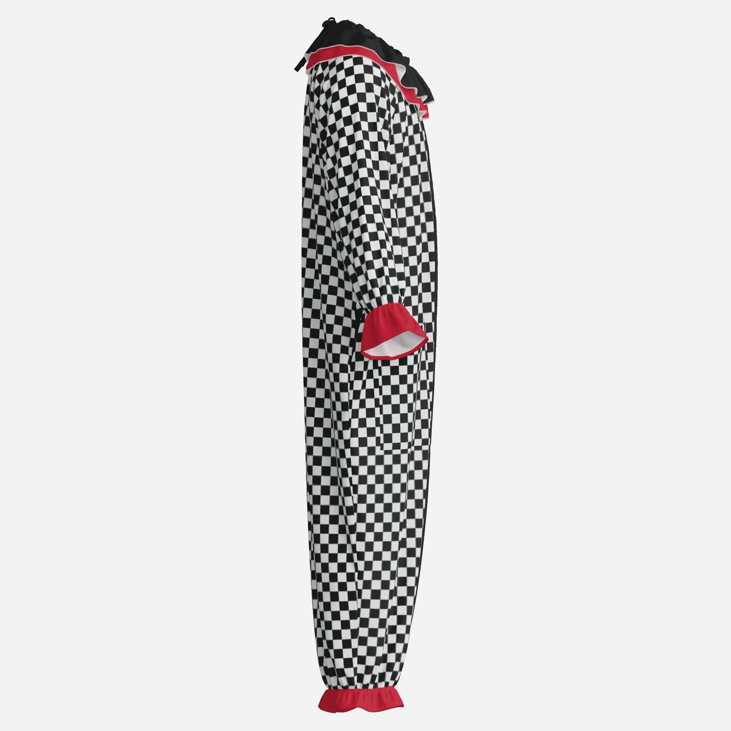 Circus Coveralls Checker Jester Bright Red Cuffs clown suit, side view