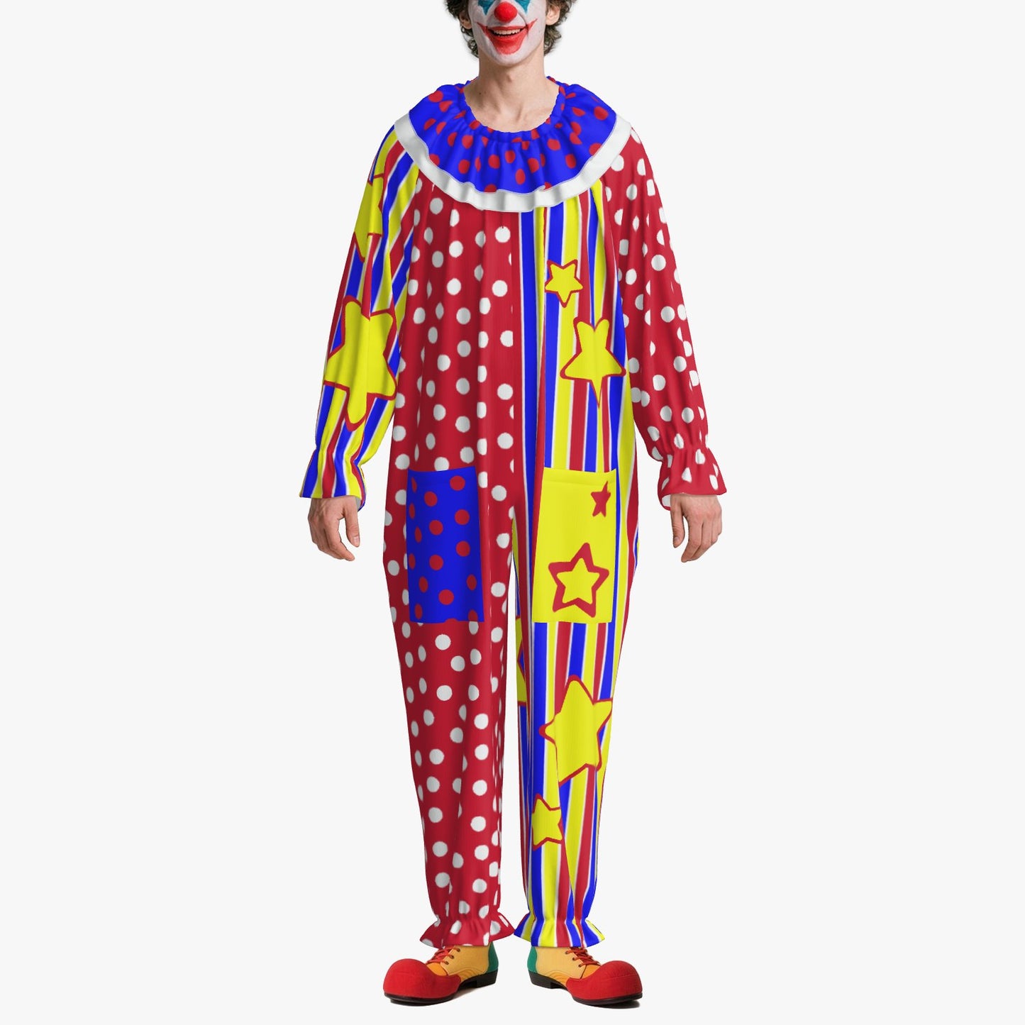 Circus Coveralls Clowny Stripe Stars Dots clown suit, on-model view