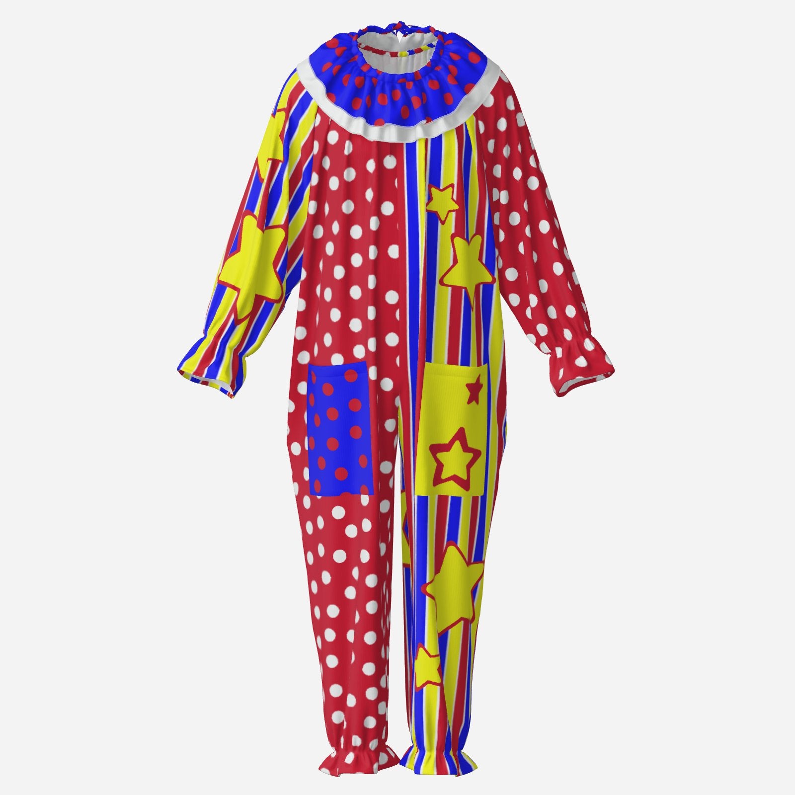 Circus Coveralls Clowny Stripe Stars Dots clown suit, ghost mannequin front view