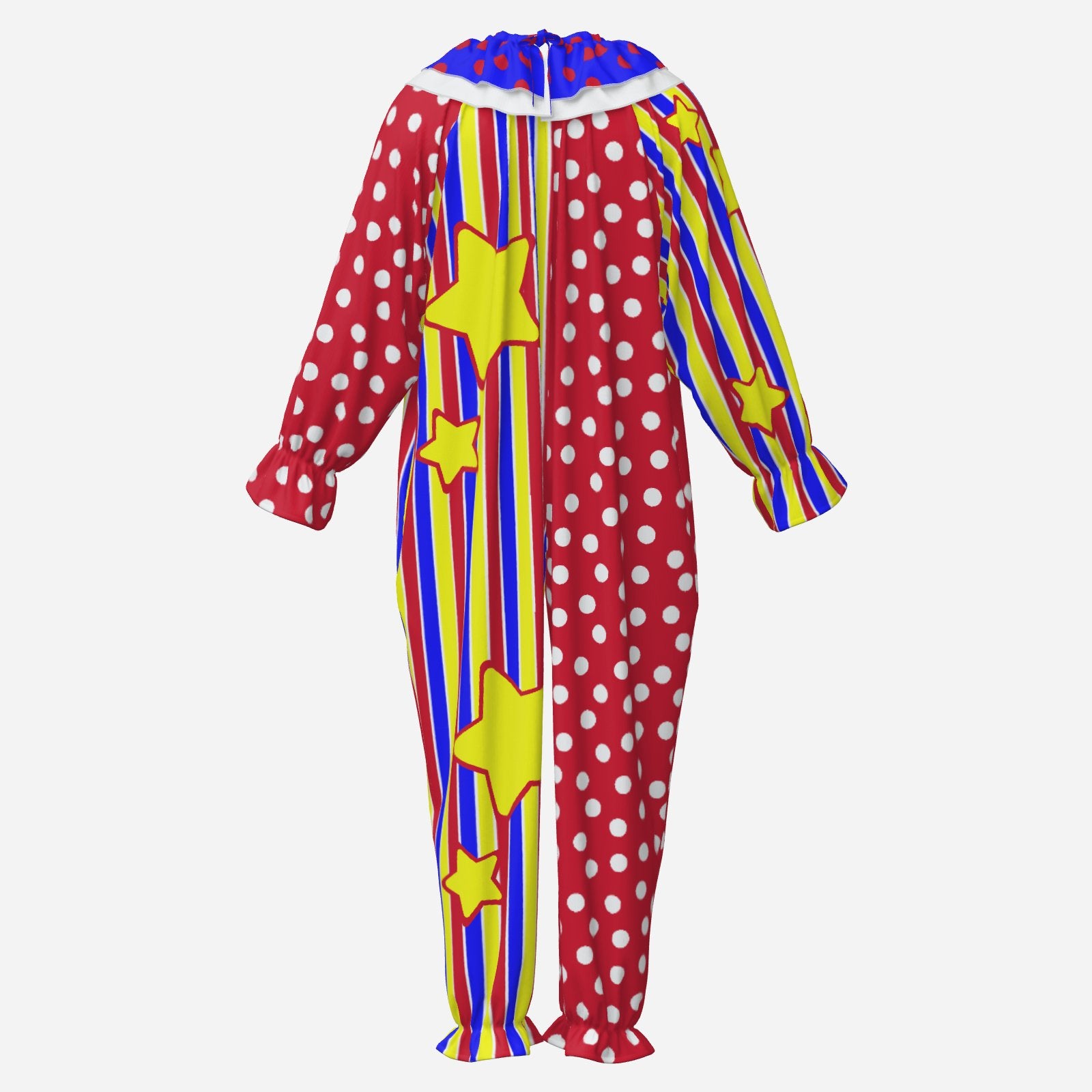 Circus Coveralls Clowny Stripe Stars Dots clown suit, ghost mannequin back view