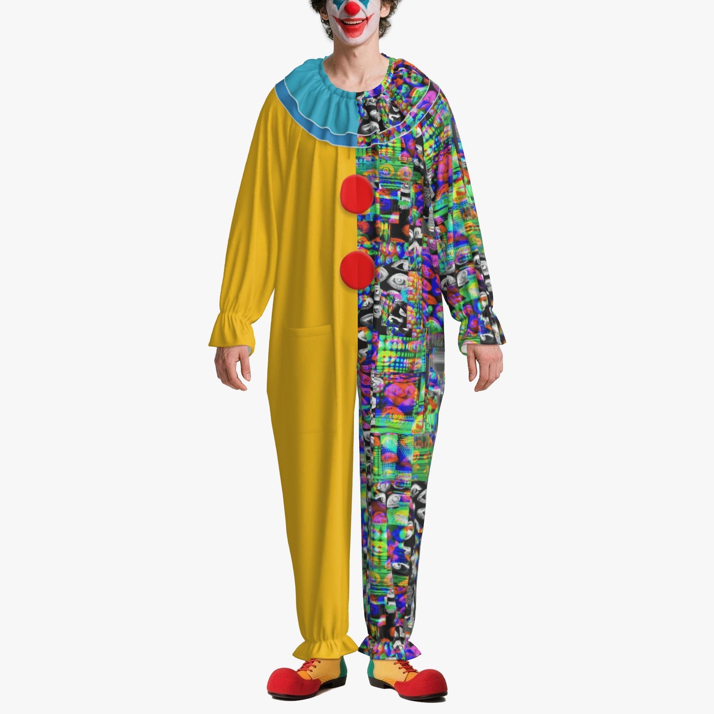 Circus Coveralls Yesteryear Yellow Eyes Glitch Split clown suit, on-model view