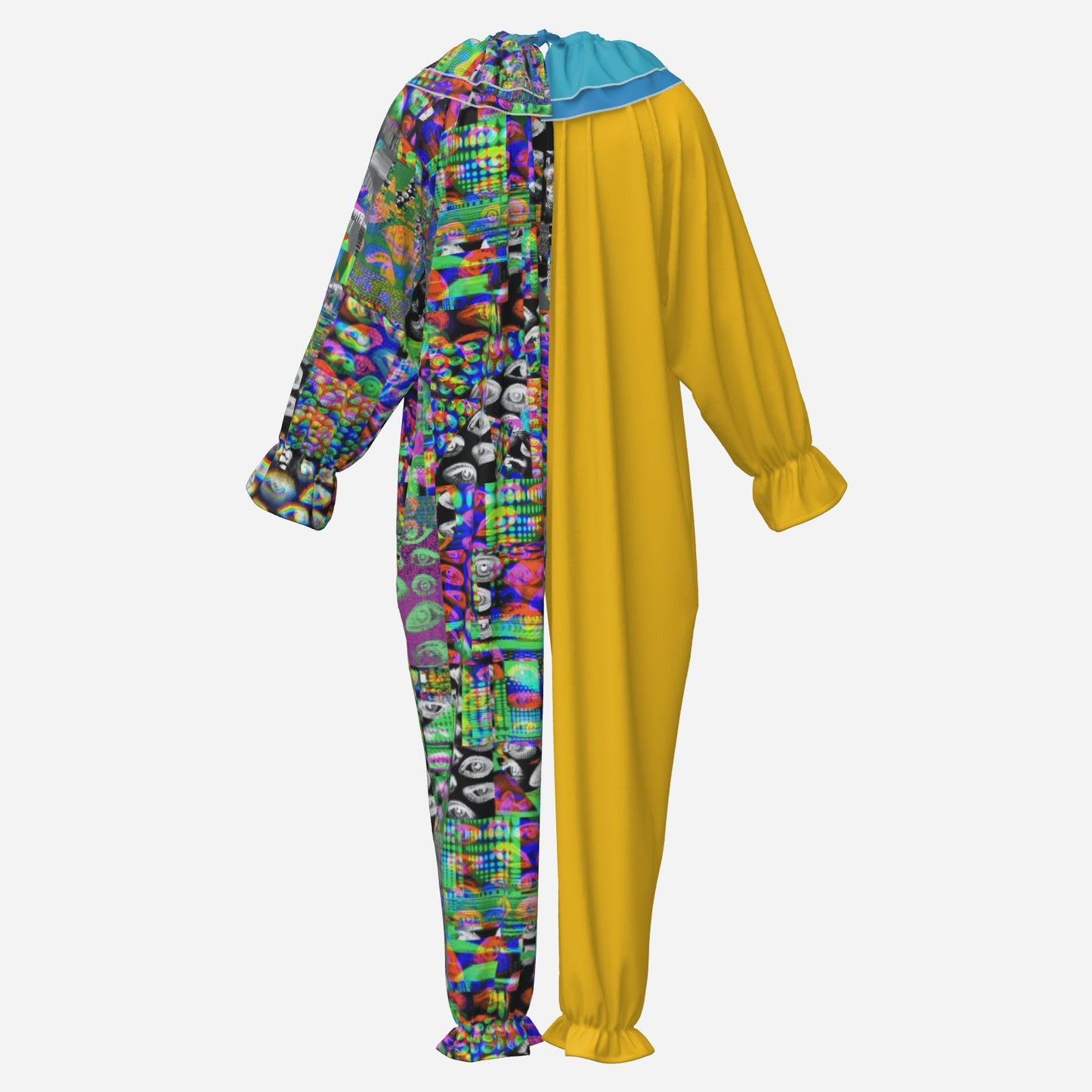 Circus Coveralls Yesteryear Yellow Eyes Glitch Split clown suit, ghost mannequin back view