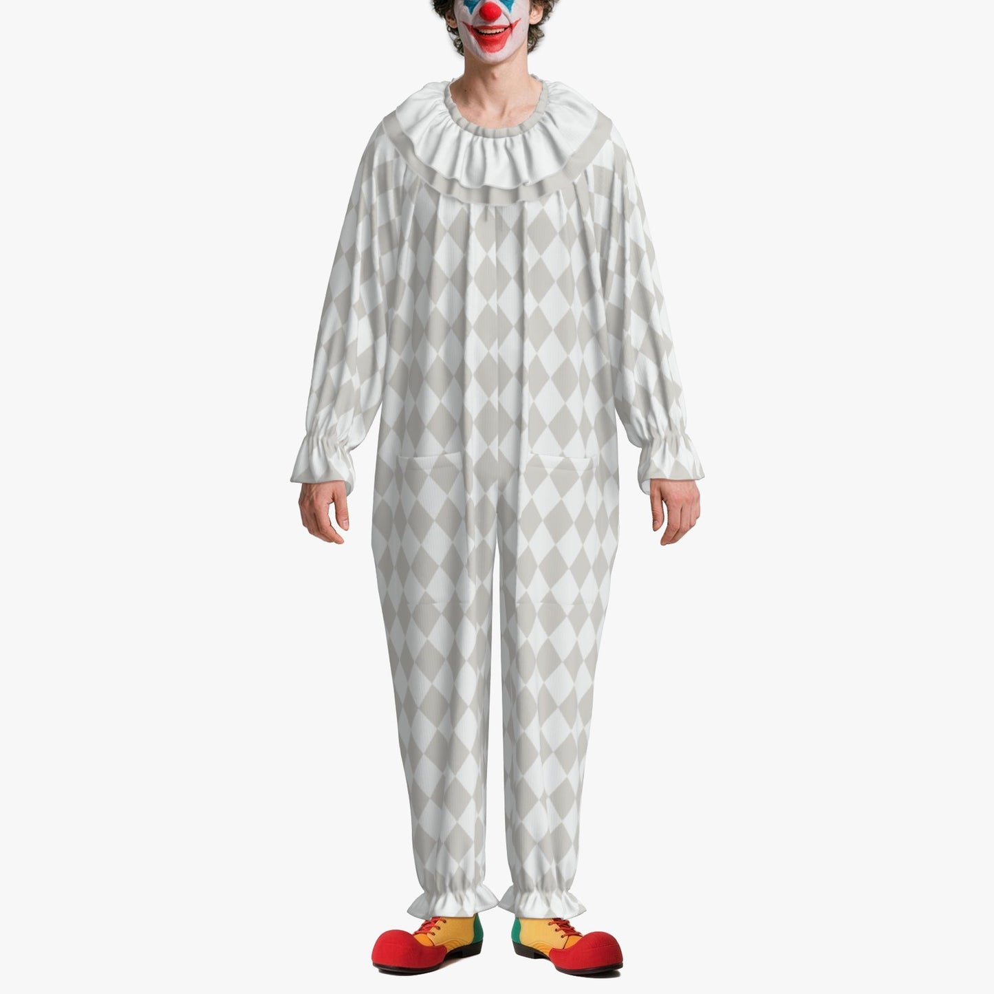 Circus Coveralls Harlequin Bone White Jester clown suit, on-model view