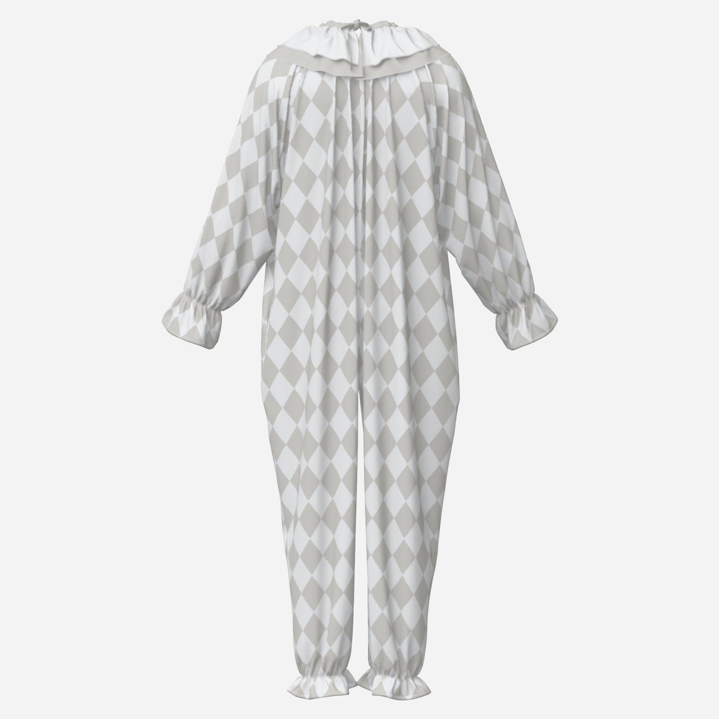 Circus Coveralls Harlequin Bone White Jester clown suit, ghost mannequin back view