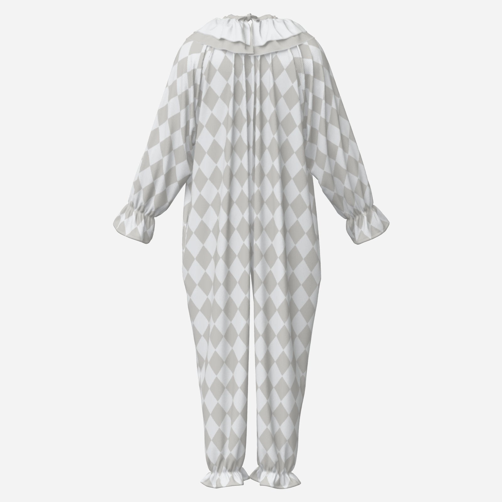 Circus Coveralls Harlequin Bone White Jester clown suit, ghost mannequin back view