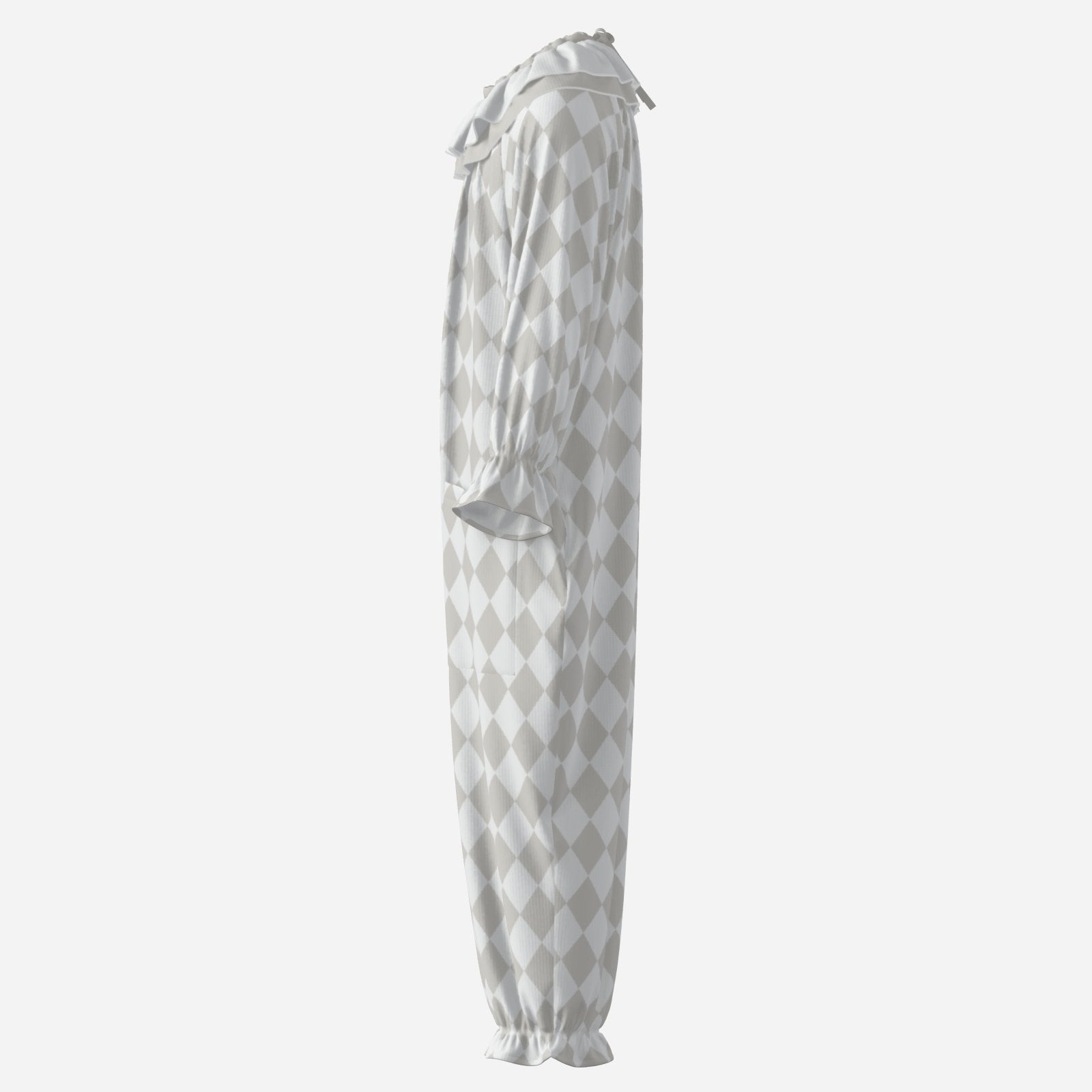 Circus Coveralls Harlequin Bone White Jester clown suit, side view