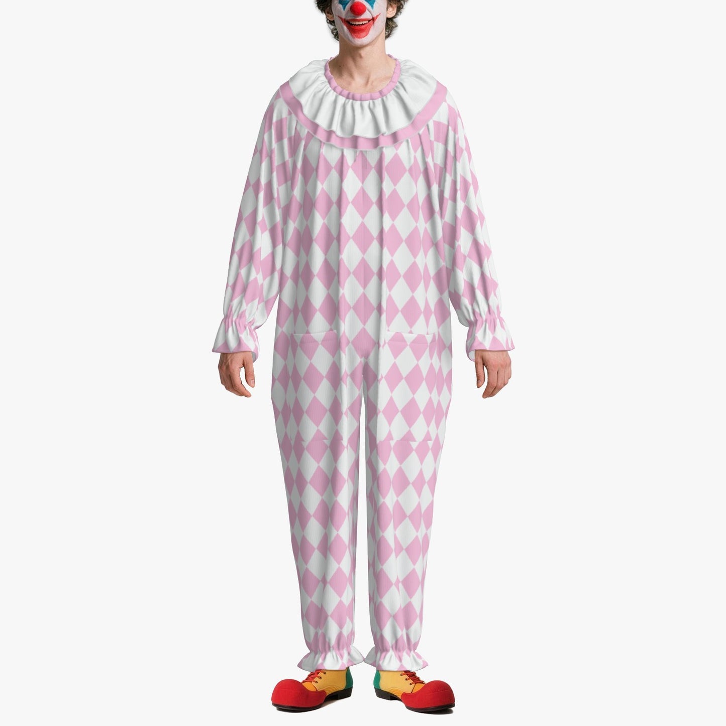Circus Coveralls Harlequin Yume Pink Pastel Jester clown suit, on-model front view