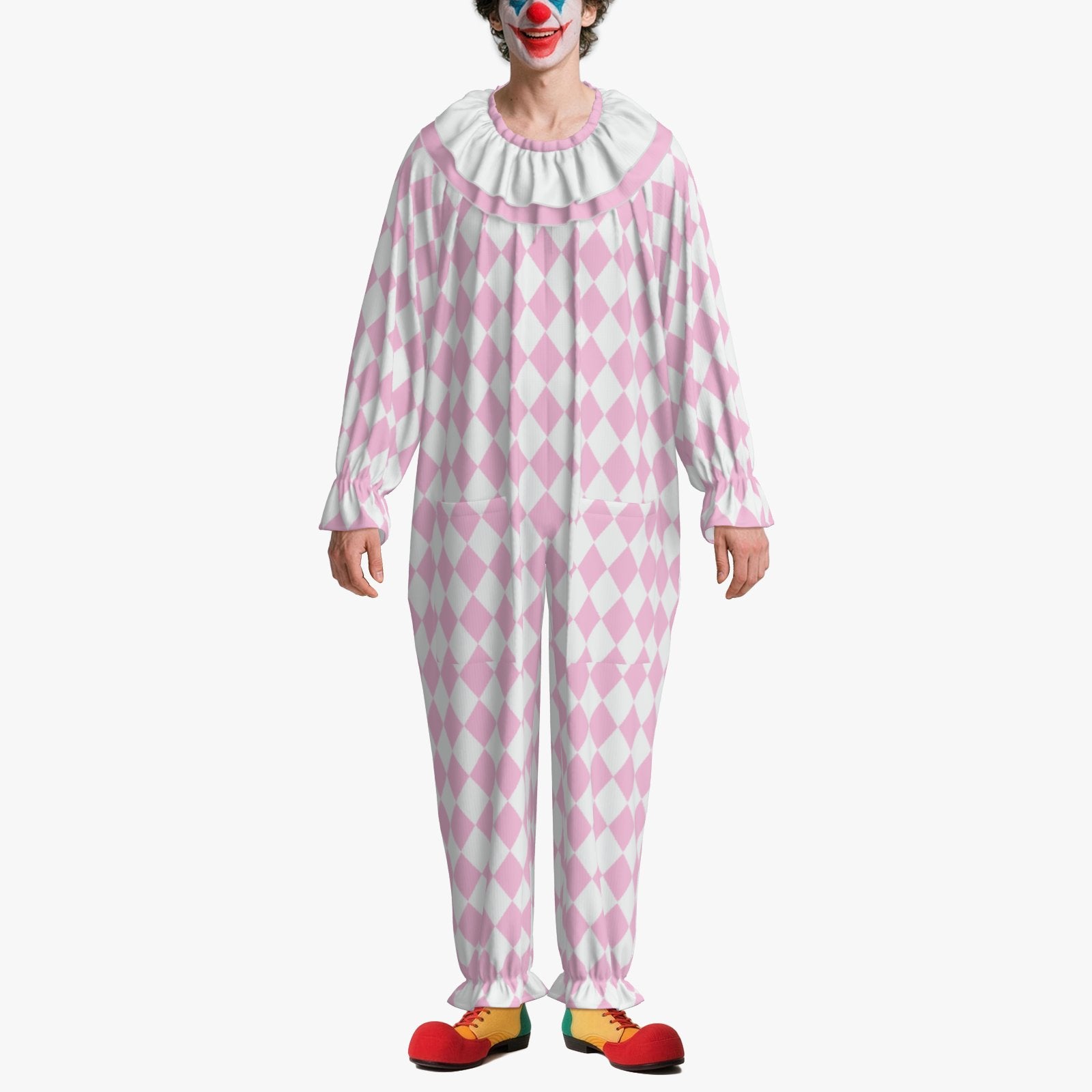 Circus Coveralls Harlequin Yume Pink Pastel Jester clown suit, on-model front view