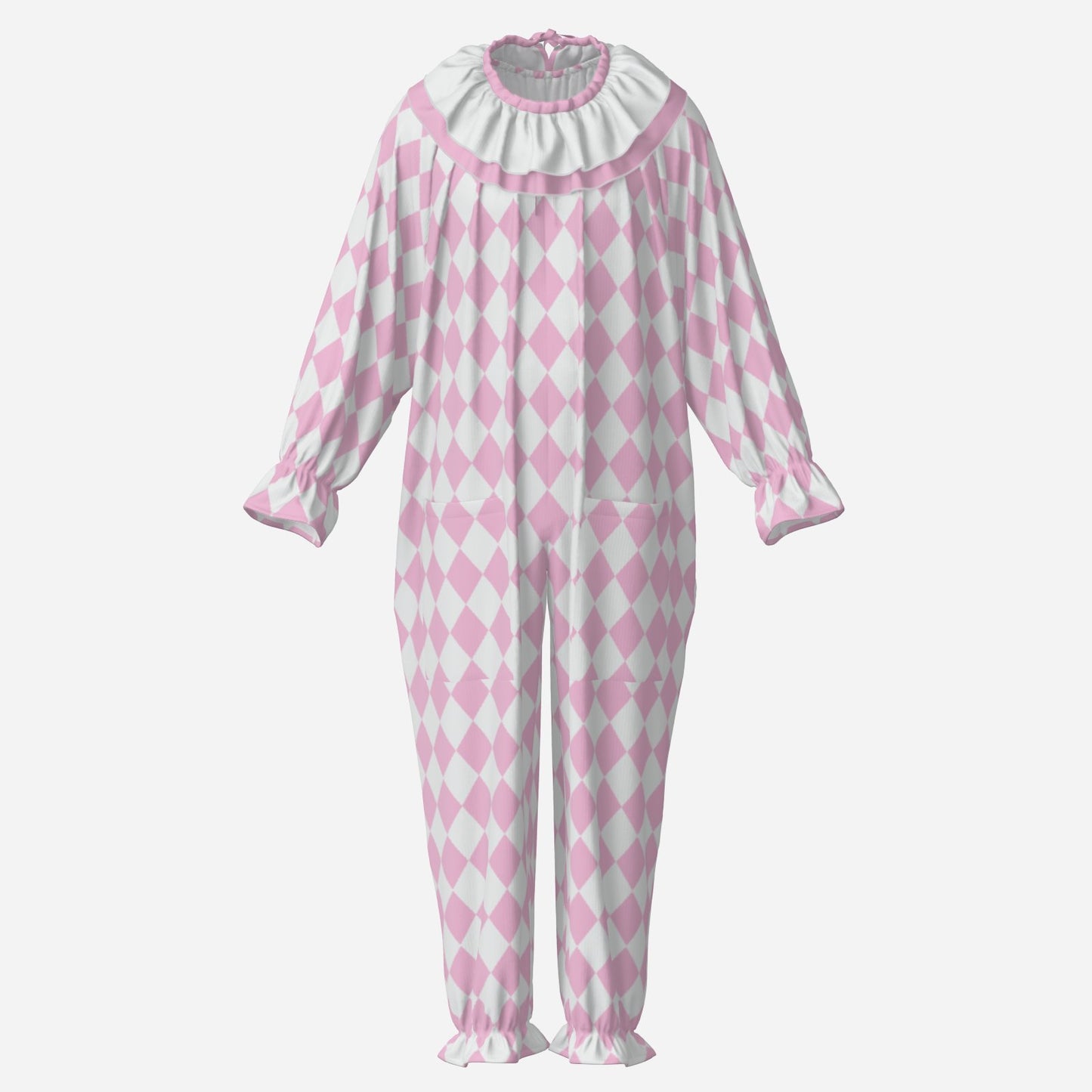 Circus Coveralls Harlequin Yume Pink Pastel Jester clown suit, ghost mannequin front view
