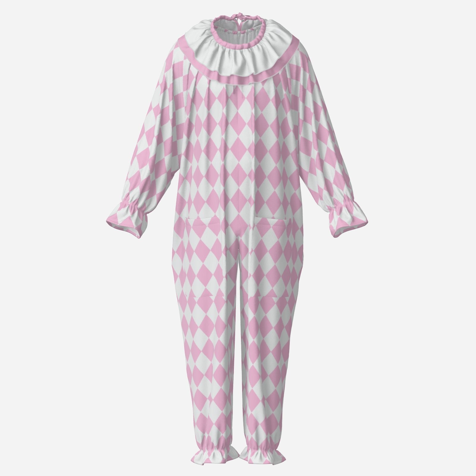 Circus Coveralls Harlequin Yume Pink Pastel Jester clown suit, ghost mannequin front view