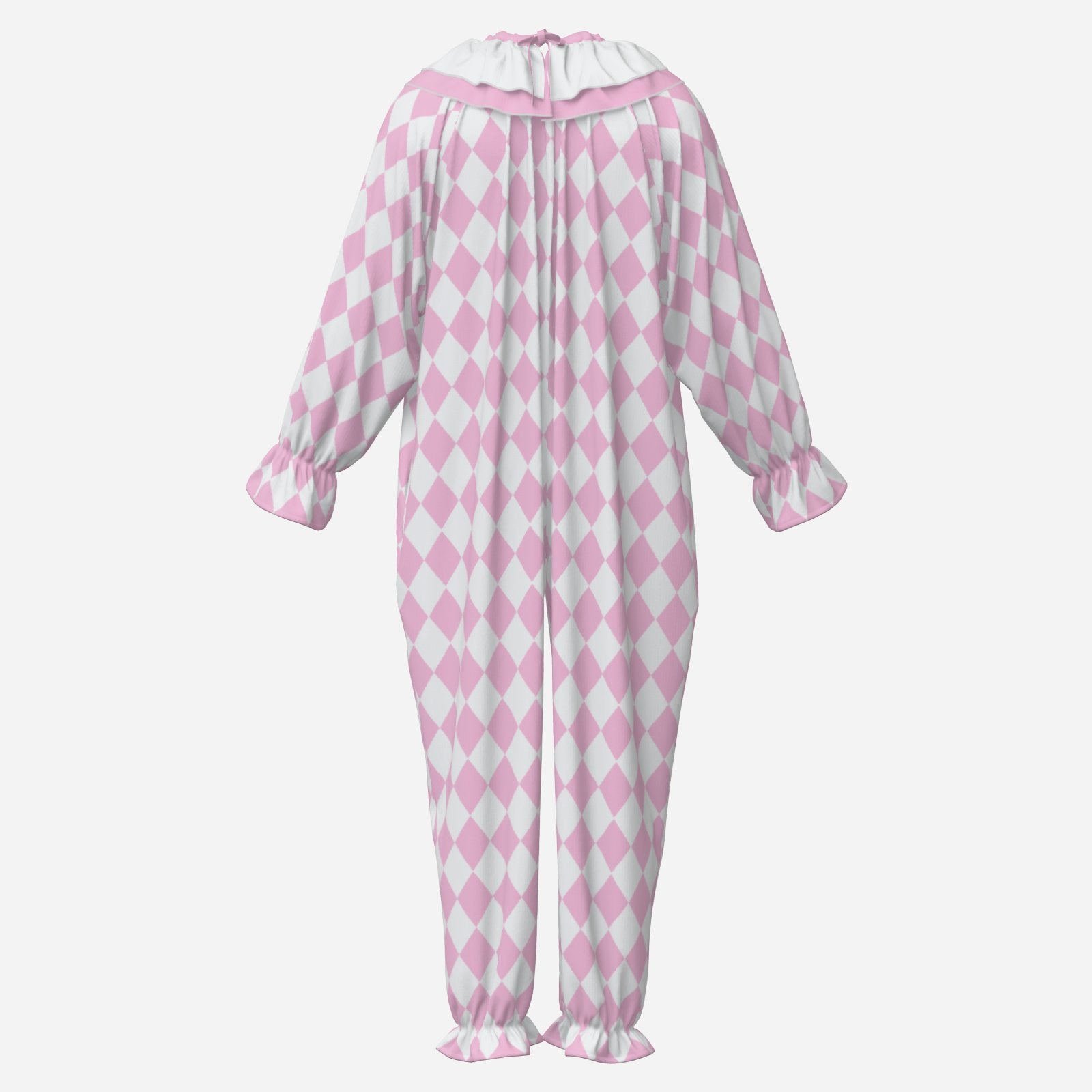 Circus Coveralls Harlequin Yume Pink Pastel Jester clown suit, ghost mannequin back view