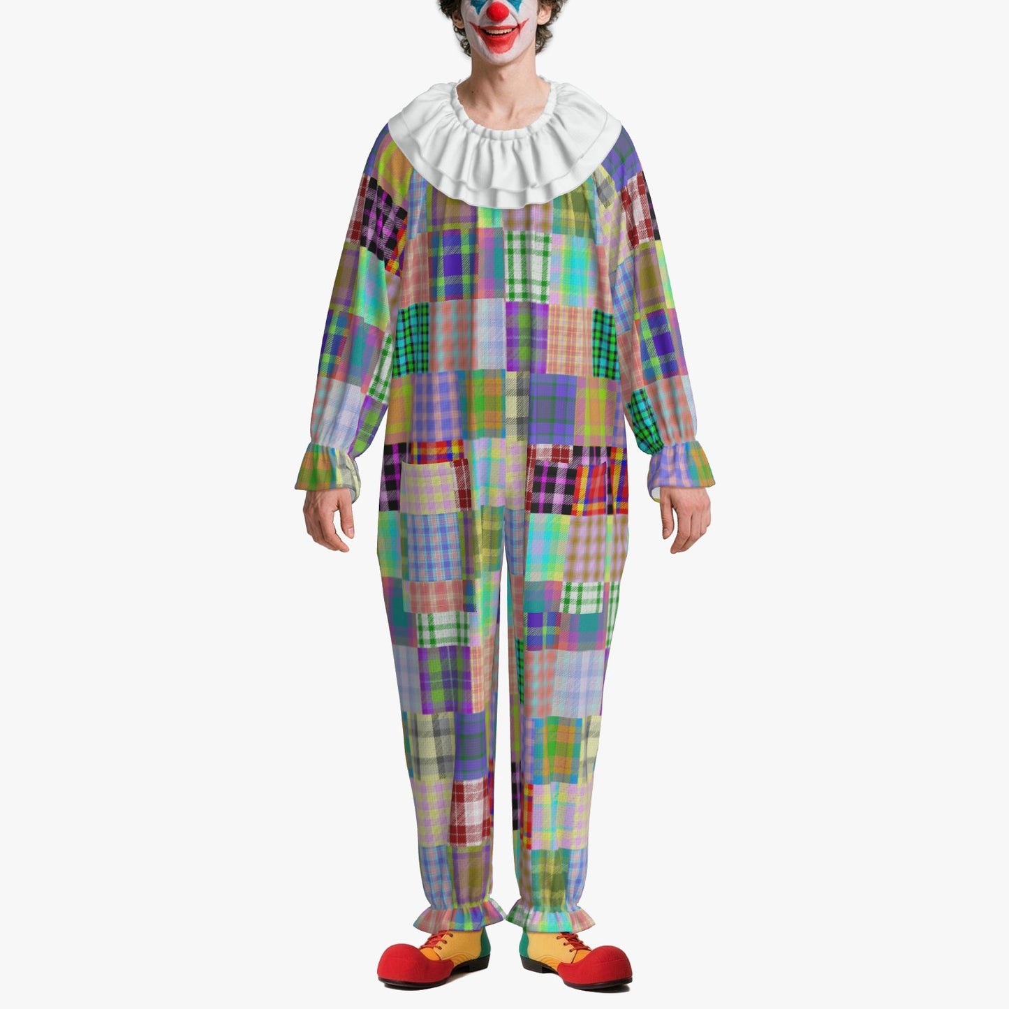 Circus Coveralls Patchalina Motley Professional clown suit, on-model front view
