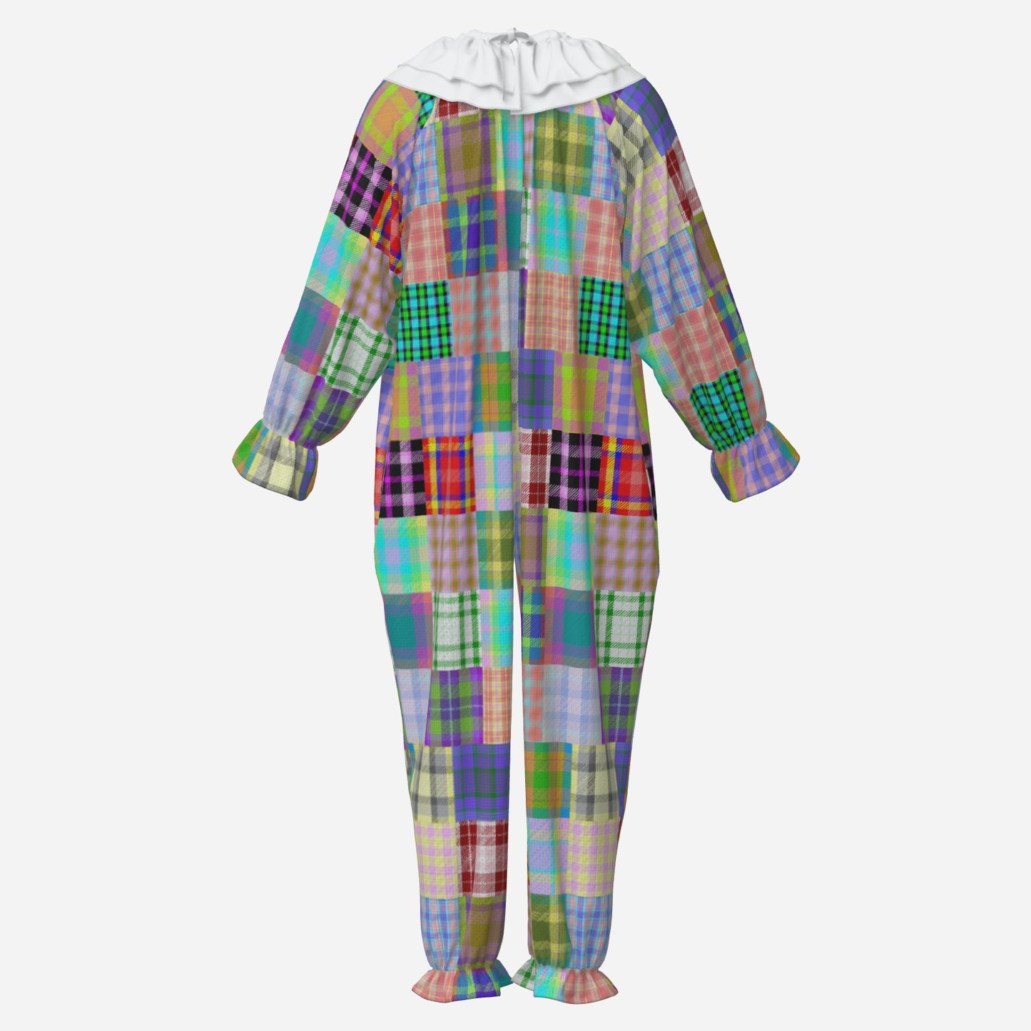 Circus Coveralls Patchalina Motley Professional clown suit, ghost mannequin back view