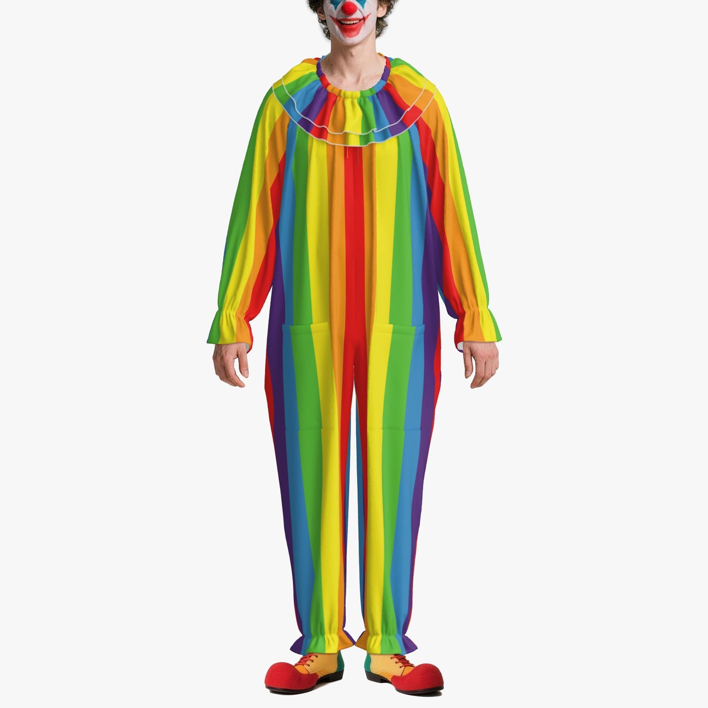 Circus Coveralls Rainbow Boss Stripe clown suit, on-model front view