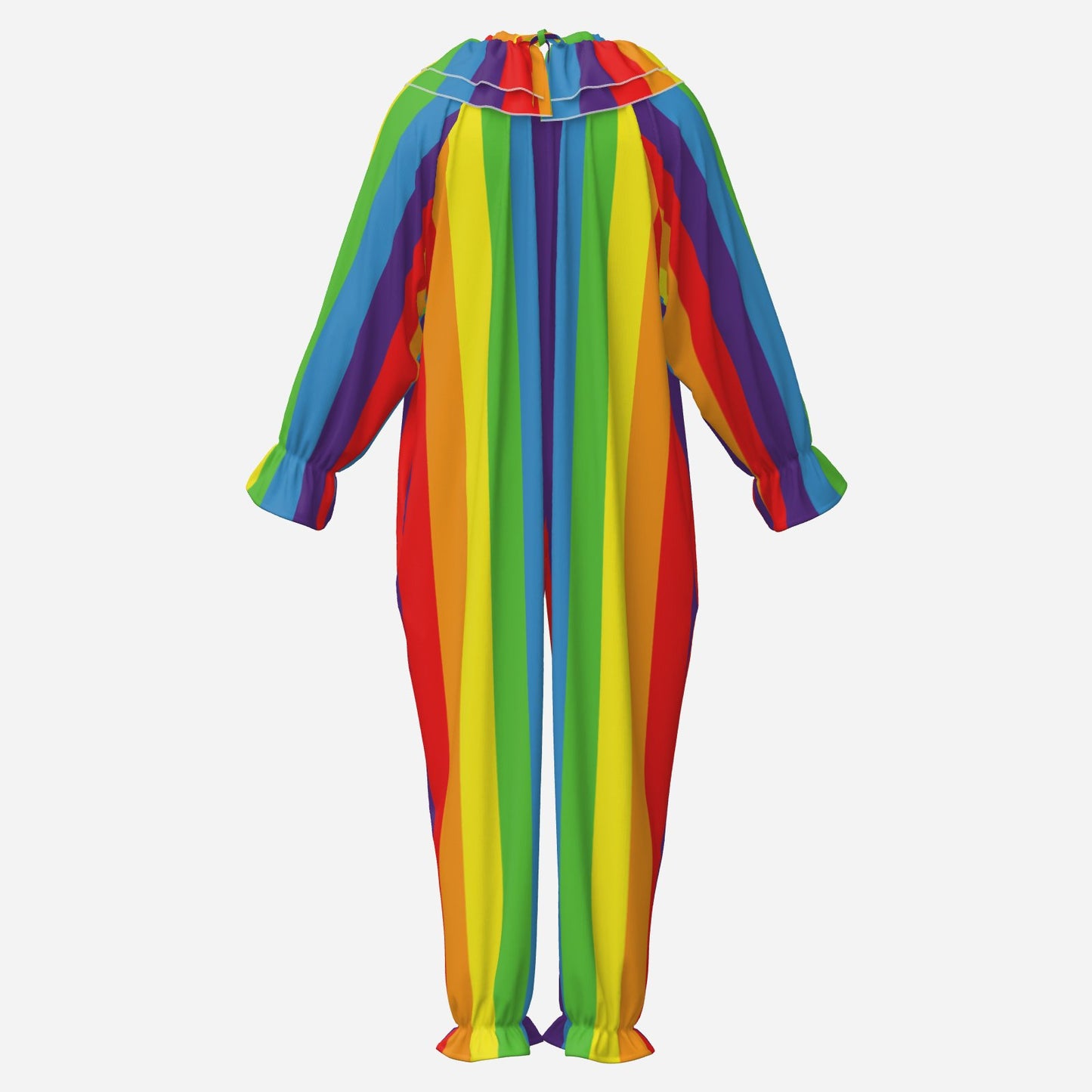 Circus Coveralls Rainbow Boss Stripe clown suit, ghost mannequin back view