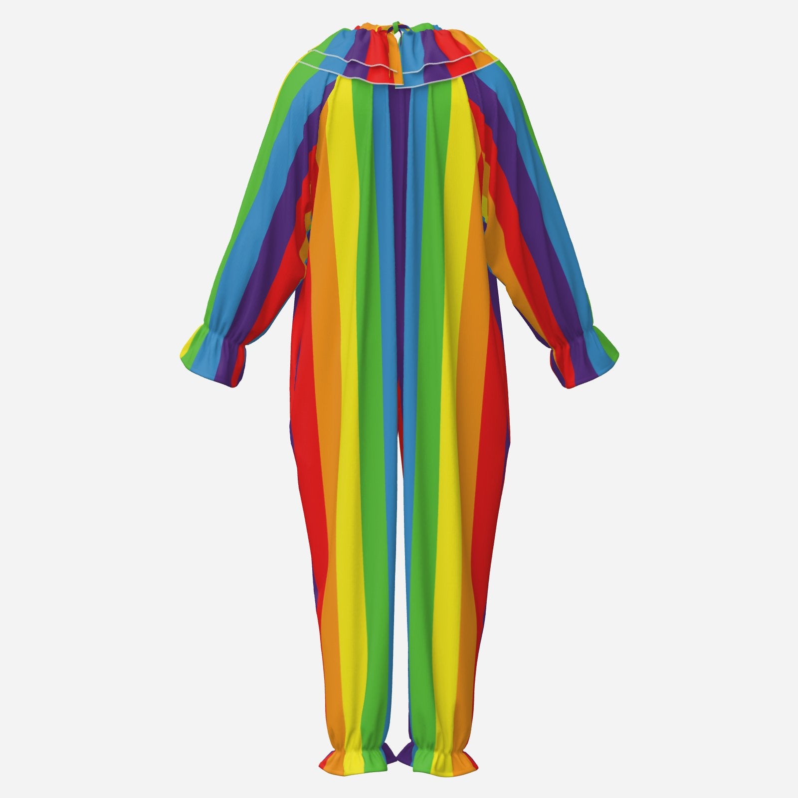 Circus Coveralls Rainbow Boss Stripe clown suit, ghost mannequin back view